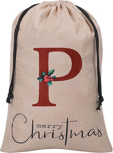 Vista 17 de Subyan Bolsa de regalo de Navidad de arpillera de 27 x 23 pulgadas, extra grande, reutilizable, personalizada, con monograma, con cordón