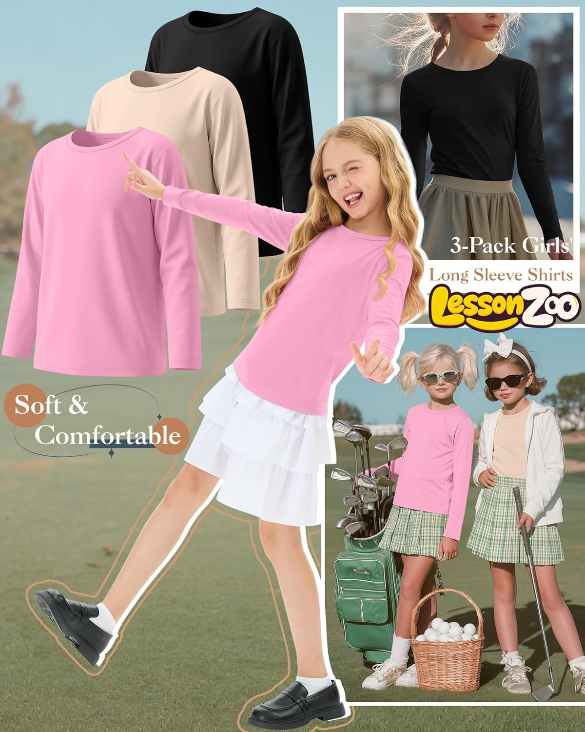 3 Pack Girls' Long Sleeve Shirts Kids Soft Crew Neck T-Shirts Toddler Basic Loose Fit Layering Casual Tops 2T-14Y - Image 4