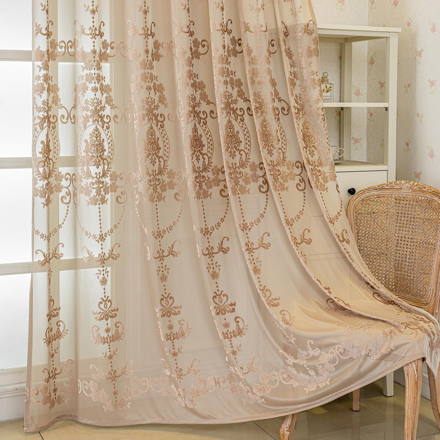 Boho Lace Sheer Curtains 84 inches Long 2 Panels Set, Farmhouse Embroidered Grommet Window Curtain for Living Room/Bedroom, Voile Semi Sheer Panel Drapes(Coffee,55"x84")