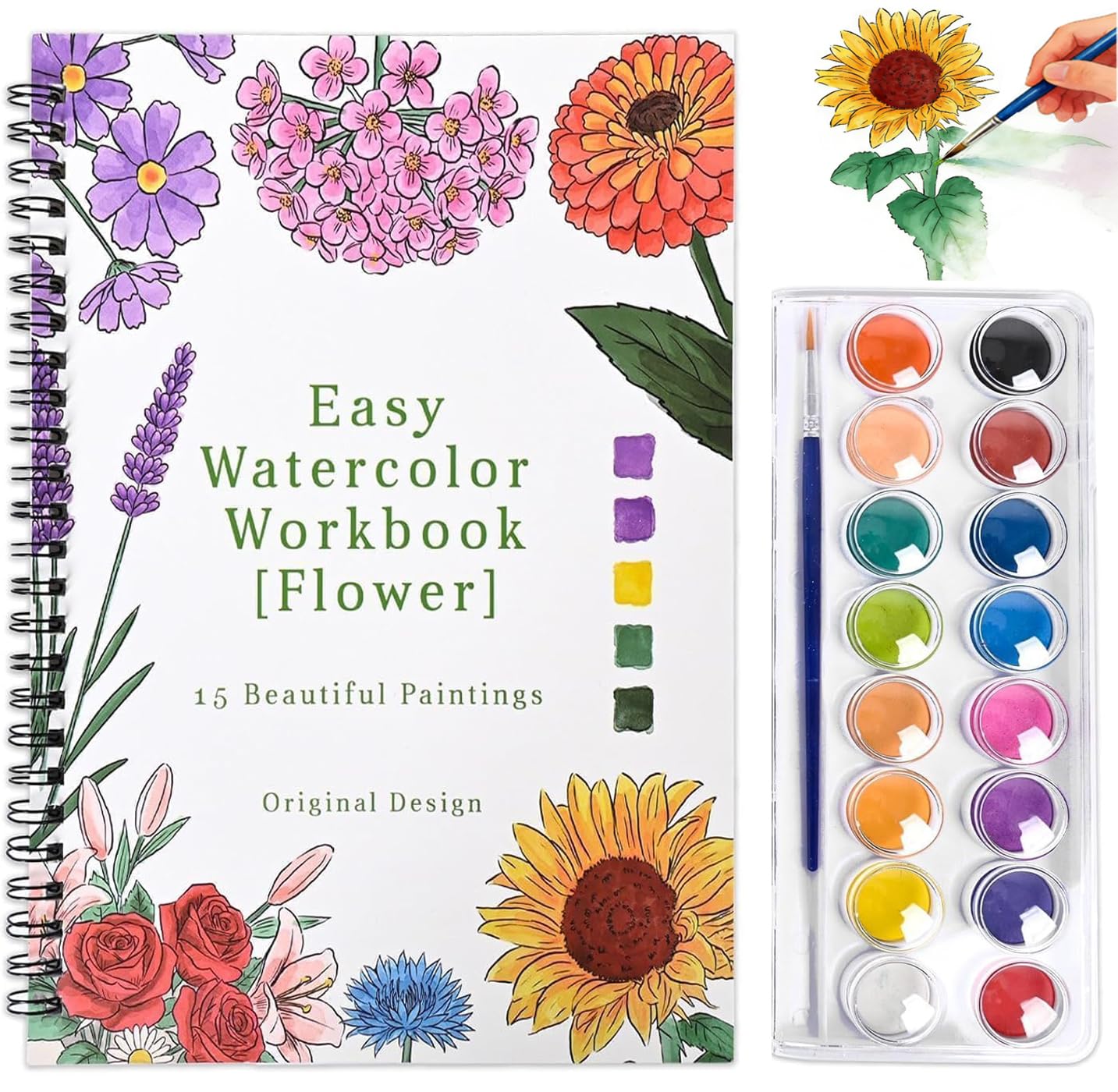pobuu Watercolour Workbook,15 Flower Patterns of Original DIY Designs,16 Colors Watercolour Paint Set with Brush Palette,Beginner-Friendly Water Colour Workbooks,Water Colouring Book for Adults