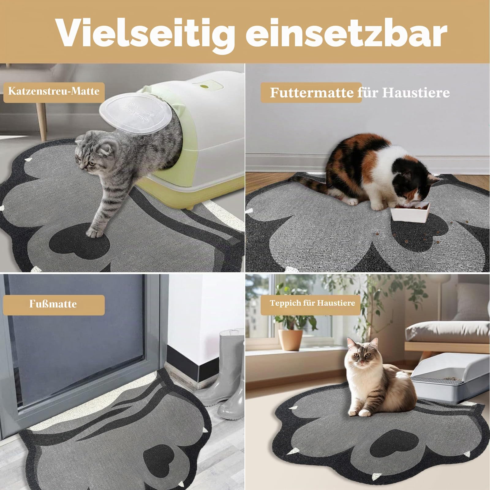 Katzenstreu Matte, 90 x 60 cm Katzenklo Matte Groß für Katzenklo, rutschfest und wasserdicht Katzentoilette Matte, leicht zu reinigen, niedliche weiche PVC Katzenklo Unterlage, Grau
