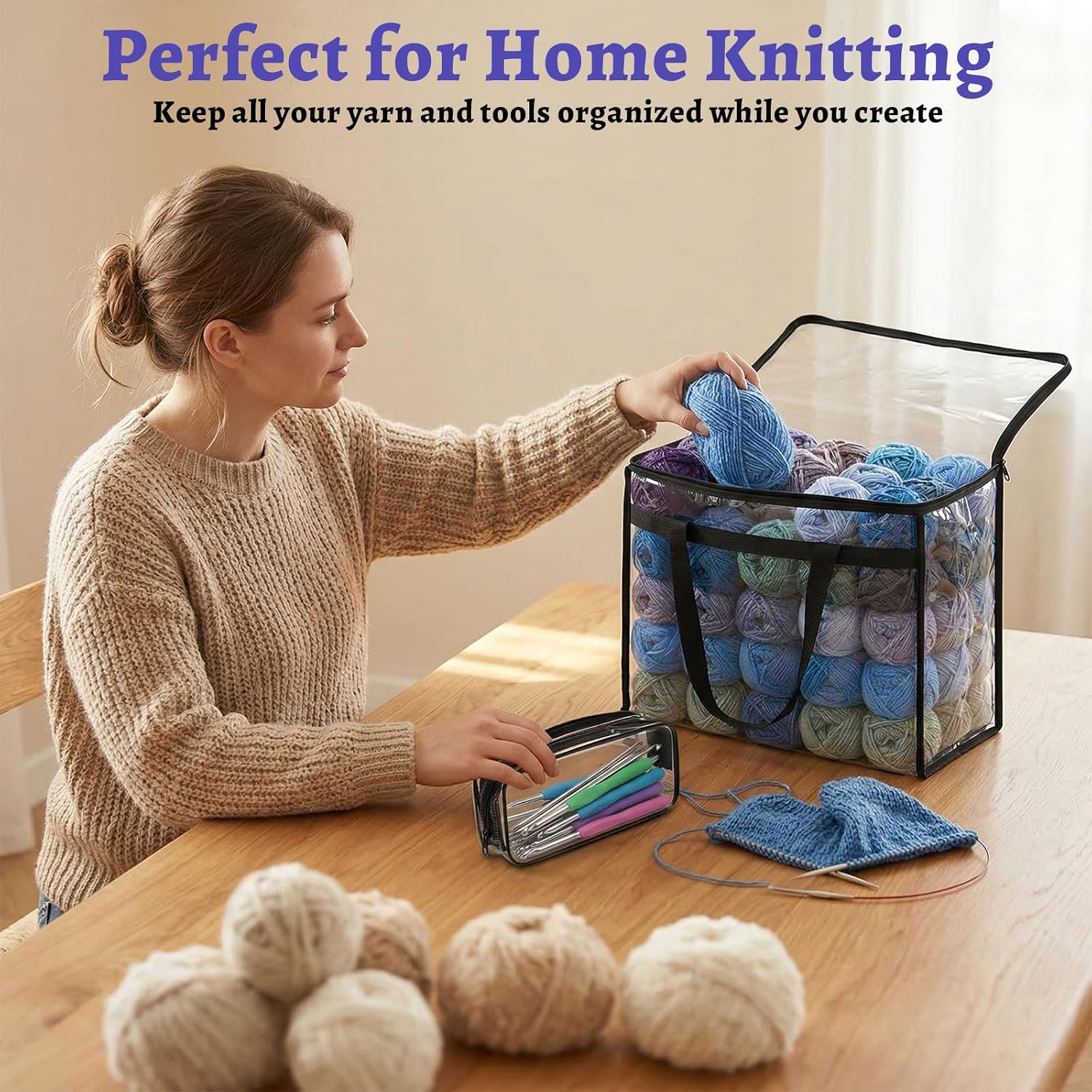 KongTiva 4 Pack Large Yarn Storage Bags Set with Crochet Bag, 18" x 15" x 9" Clear Yarn Storage Organizer with Zippers and Handles, Crochet Bag Knitting Bag for Knitting Needles Crochet Hooks