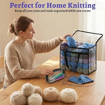 KongTiva 4 Pack Large Yarn Storage Bags Set with Crochet Bag, 18 x 15 x 9 Clear Yarn Storage Organizer with Zippers and Handles, Crochet Bag Knitting Bag for Knitting Needles Crochet Hooks