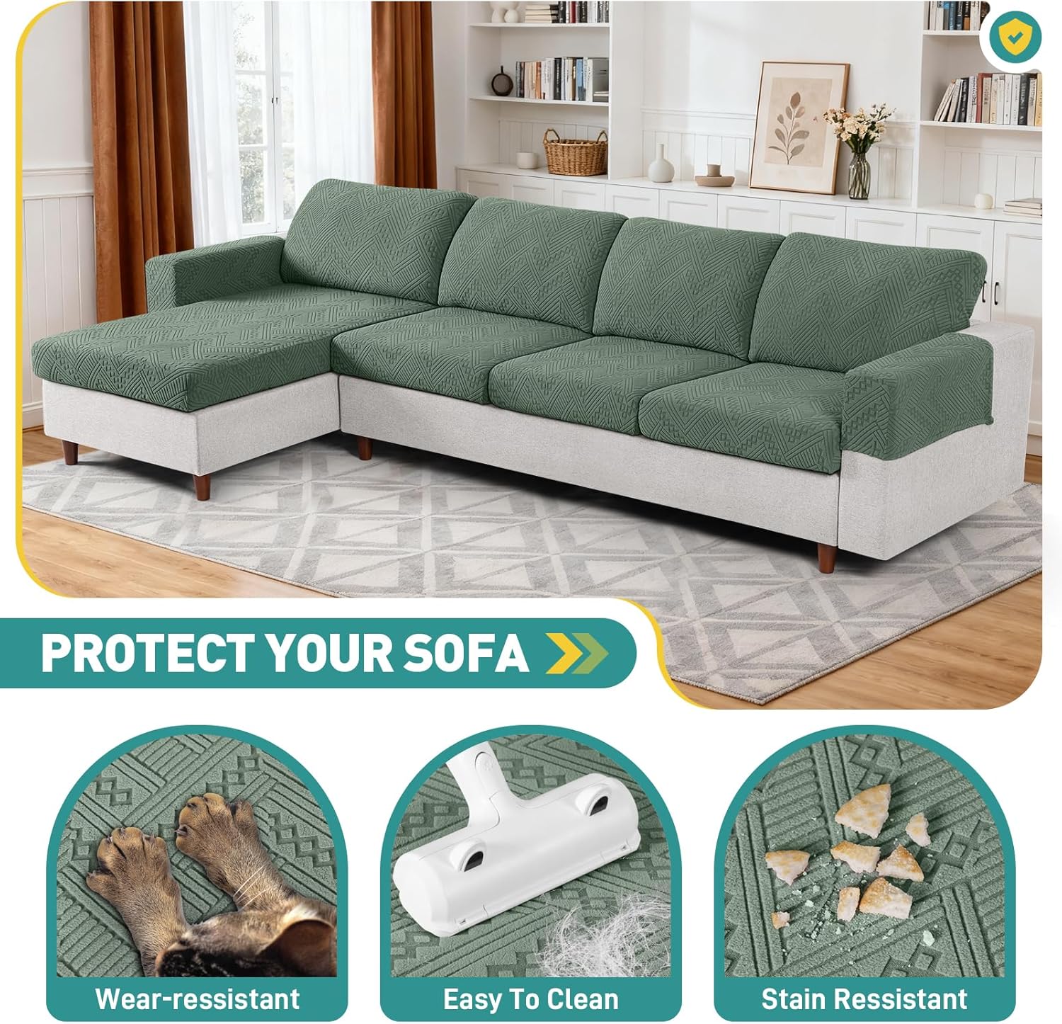 Ruaozz Couch Cushion Covers for Sectional Sofa Stretch Seat Cushion Covers Washable Sofa Slipcovers for L Shaped Soft Furniture Protector Pet Friendly (2 PC Seat + 1 PC Chaise Cover, Sage Green)