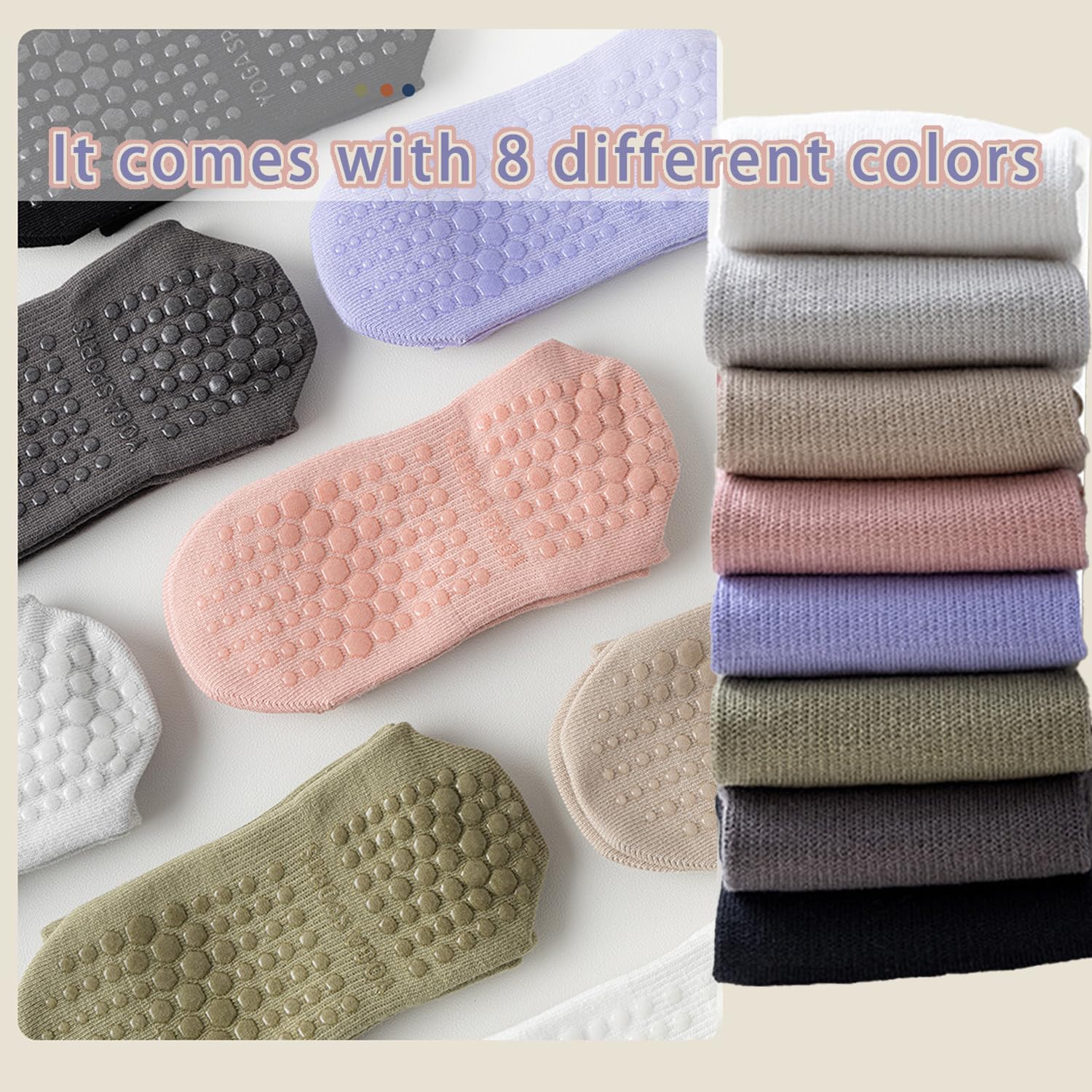 Pilates Socks with Grips for Women, 8 Pairs in 8 Colors, Anti-Slip Grippy Yoga Barre Socks, Full Sole Sticky Reformer Workout Socks, Breathable Comfort
