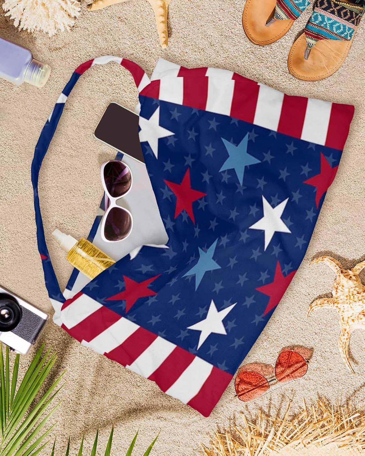Country Red Stars Beach Pool Patio Lounge Chaise Chair Cover Towel With Pockets,Absorbent & Quick Dry Microfiber Towel Cover Bag Summer Accessories for Sunbathing 4th-of-July Stripes Flag Summer