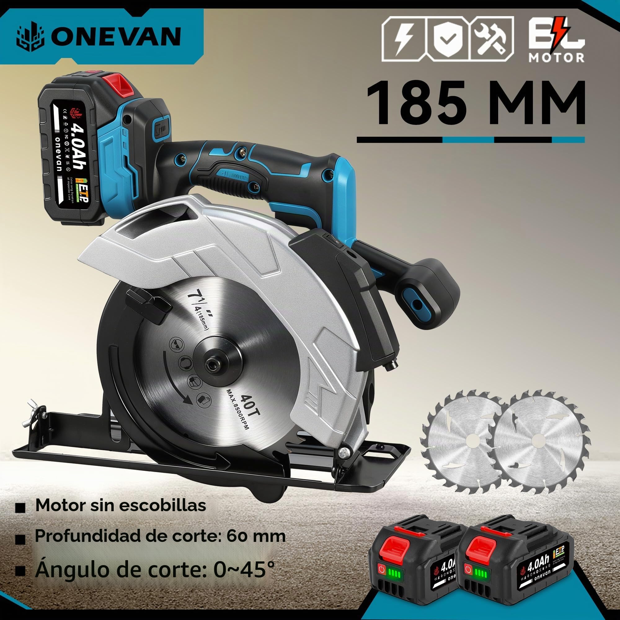 ONEVAN Sierra Circular a Batería con Láser 125mm Profundidad 60mm y 2x4.0Ah | Guía láser precisa, 1200W motor sin escobillas, 0-45° corte en bisel, 4000 RPM, Para madera, plástico & metales