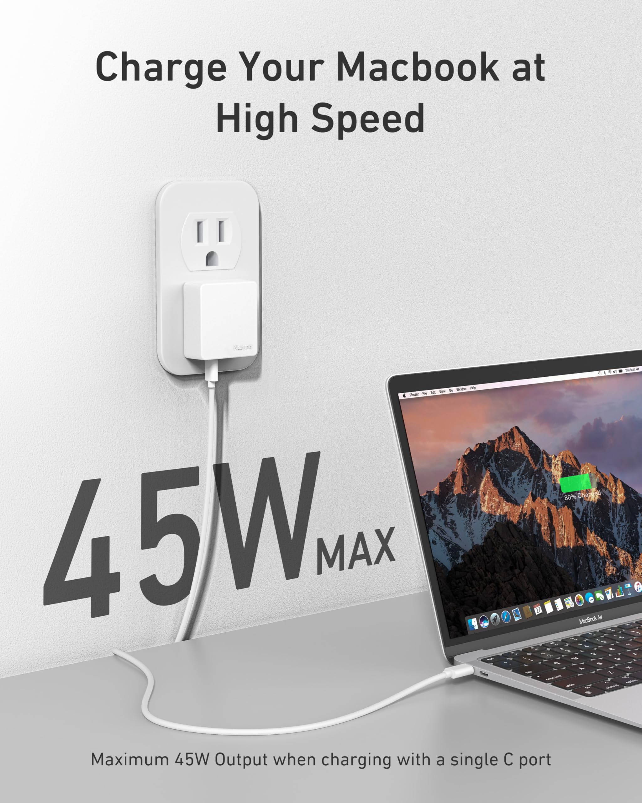 Nekmit - Caricatore da parete piatto USB C, caricatore USB veloce PPS a doppia porta da 45 W, spina da parete sottile USB C per iPhone 17/16 e altre serie, MacBook Air, iPad