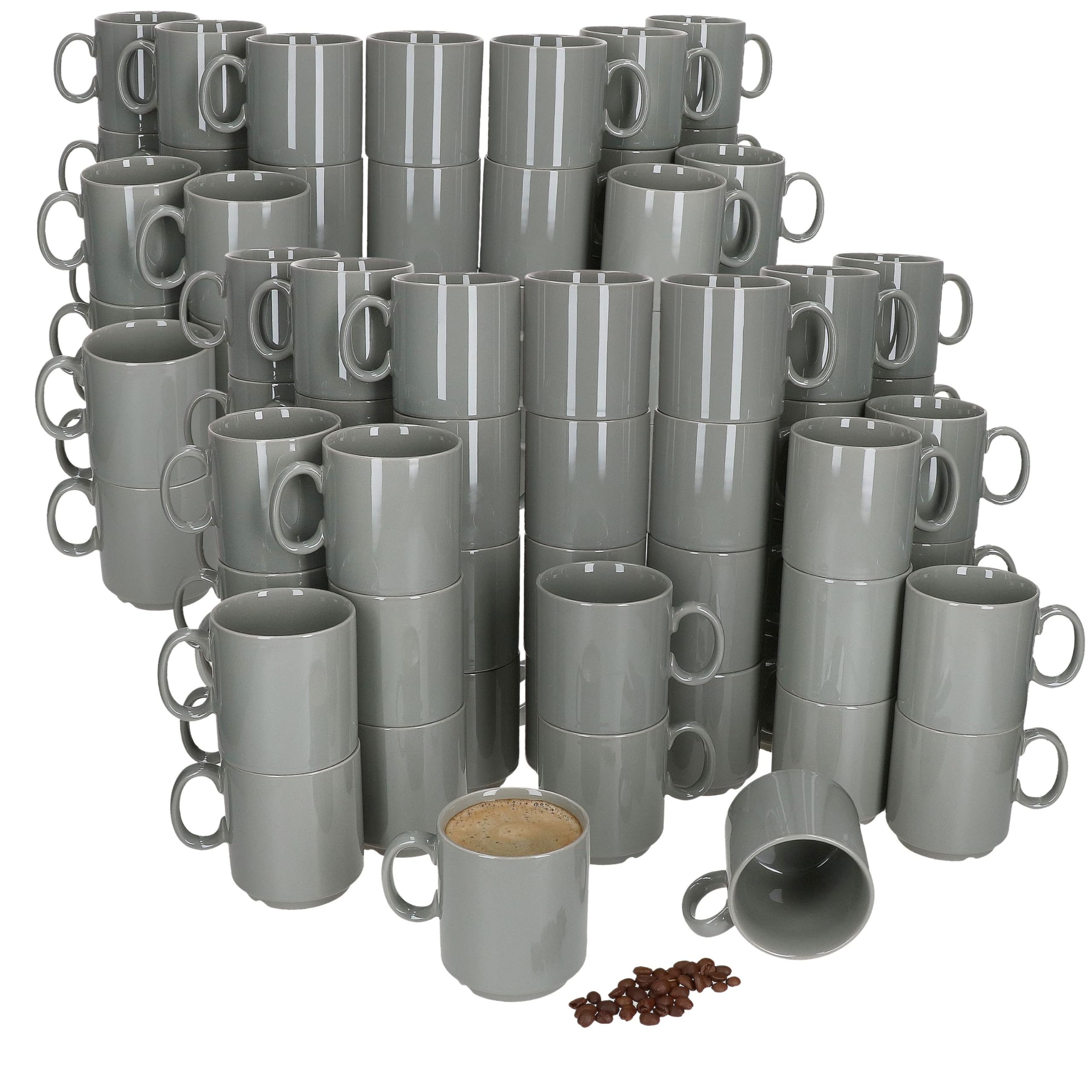 MamboCat Event - Set di 96 tazze da caffè, 250 ml, in porcellana grigia con manico, 96 persone, tazze impilabili per bevande calde come tè, cacao, latte macchiato & Co