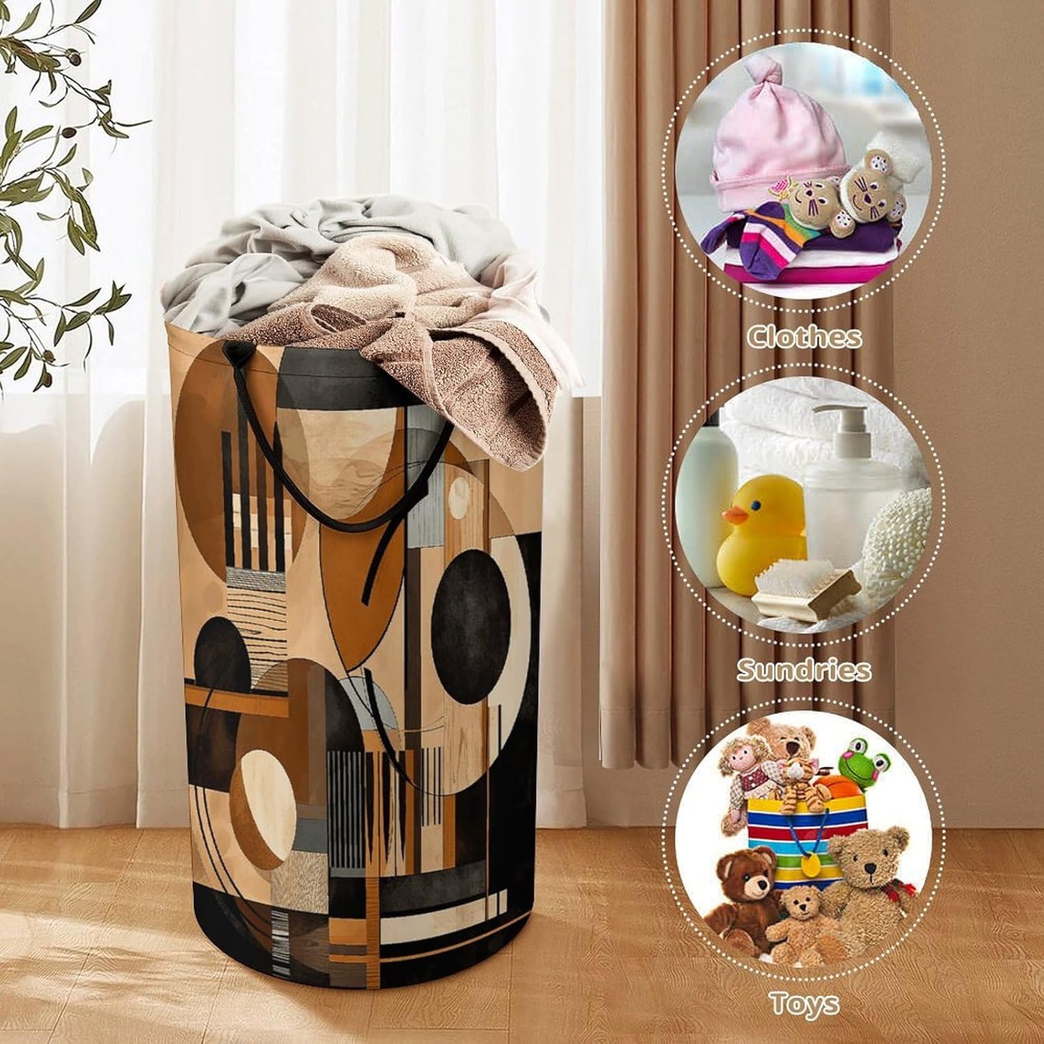 Beige And Black Objects Laundry Hamper Large Collapsible Laundry Basket with Handles Waterproof Clothes Hamper Portable Dirty Clothes Basket for Bedroom Laundry Room Closet Bathroom