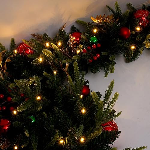 Miniatura 2 de Guirnalda de Navidad preiluminada de 9 pies con luces, guirnaldas para decoración de Navidad con 243 ramas y 50 luces LED cálidas, para manto,