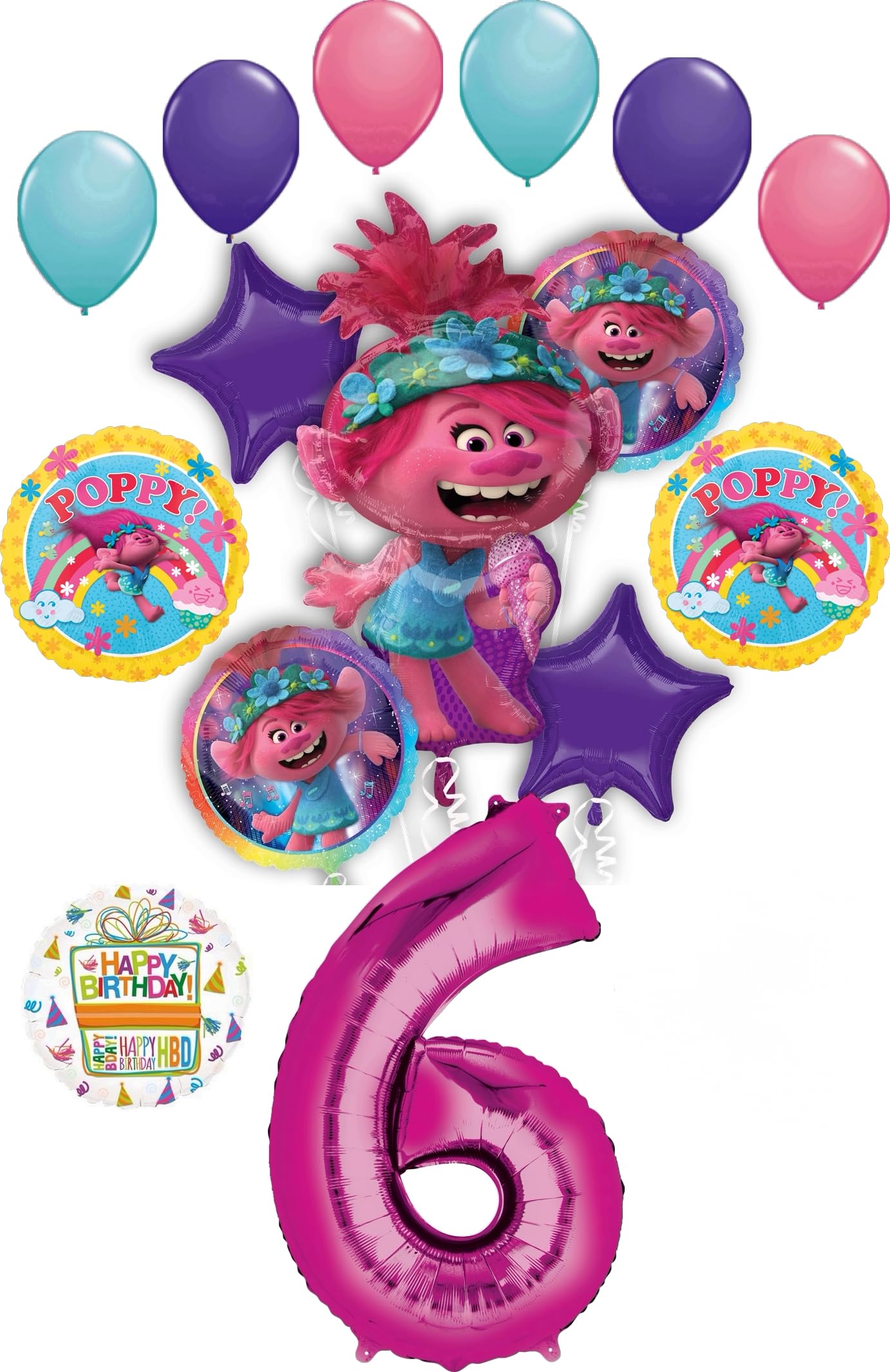 Poppy World Tour 6th Birthday Party Supplies Trolls 15pc Balloon Bouquet Decorations