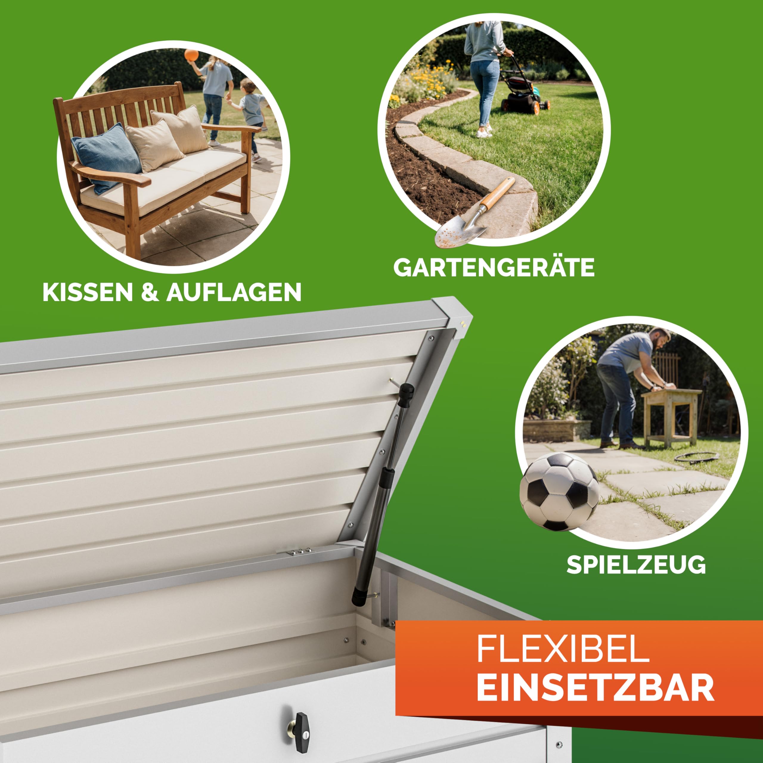 Gardebruk® Auflagenbox 385L Volumen Metall Abschließbar Gasdruckfeder 120x62cm Wetterfest Garten Balkon Keller Gartenbox Gartentruhe Weiß