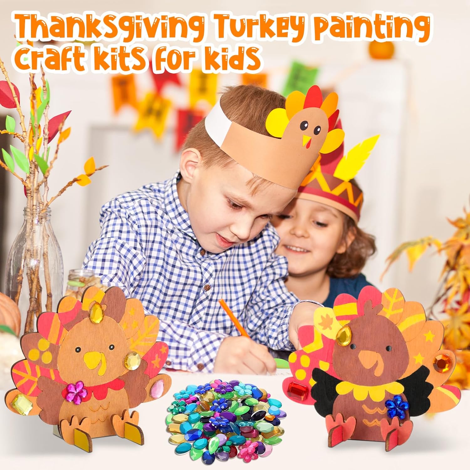 Blueweenly 48 Set Fall Thanksgiving Sitting Turkey Craft Kit for Kids DIY 3D Wooden Turkey Painting Kit with Watercolor Pens Acrylic Diamond Thanksgiving Party Decoration Activities Favors Gifts