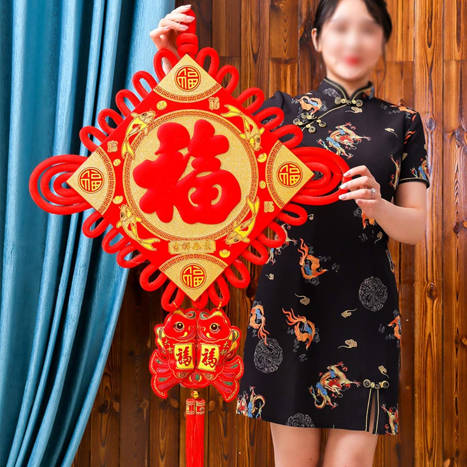 Chinese Knot,Pendant Fu Character Living Room Double Panel Knot TV Wall Hanging Home Decoration Pendant Tassel(Size : M) (Size : Small)
