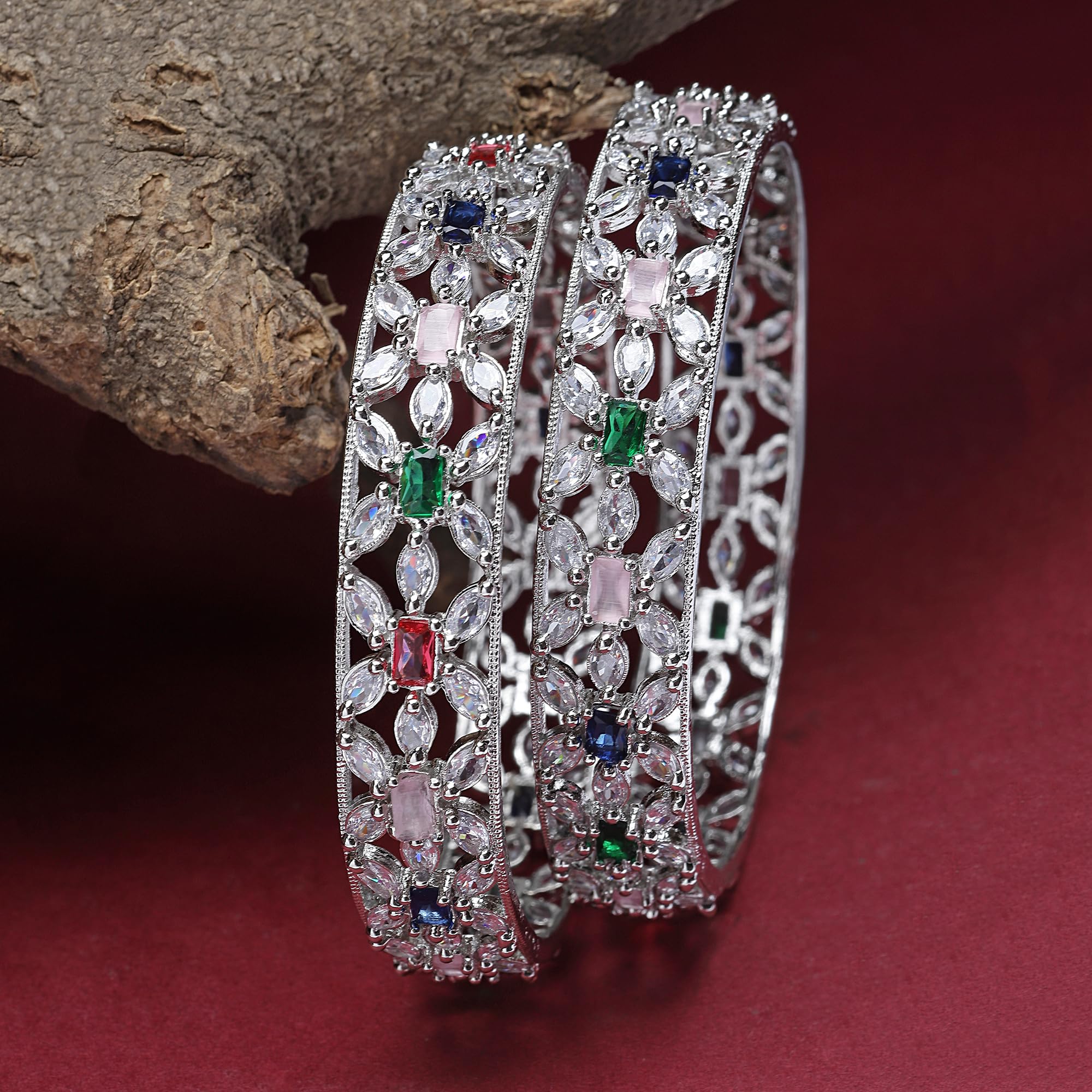 Rhodium-Plated Silver Toned American Diamond Bangle Set