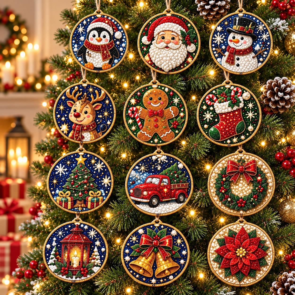 Alloyseed 12 PCS Christmas Wooden 3D Pearl Diamond Painting Art Kit (#B)