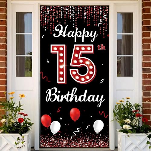 Telón de fondo para puerta de cumpleaños número 15, decoraciones de feliz cumpleaños 15 para niñas, rojo y negro para fiesta de cumpleaños de 15