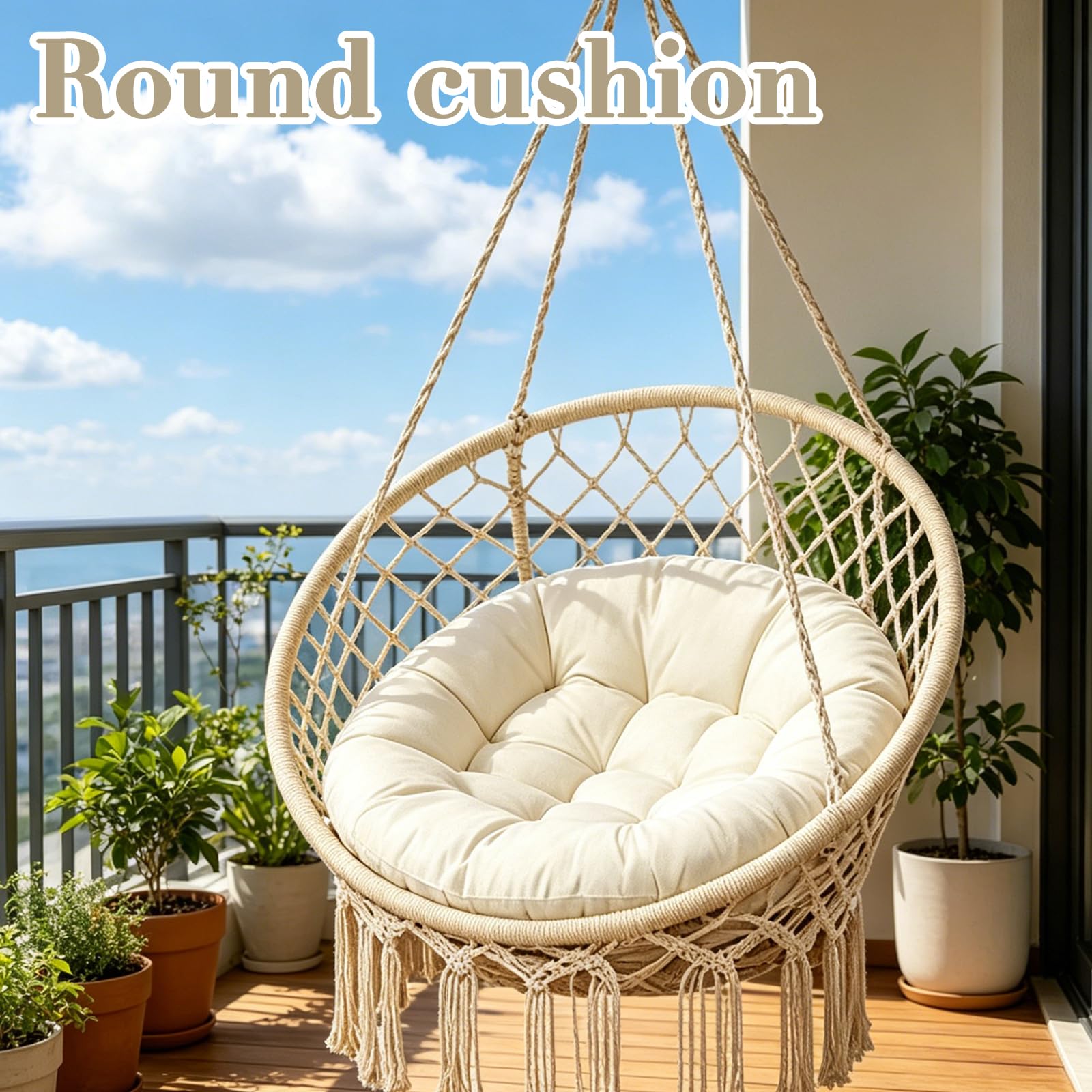 Cuscino per poltrona sospesa, 60 x 60 cm, per poltrona sospesa, per esterni, rotondo, in cotone, lavabile, beige