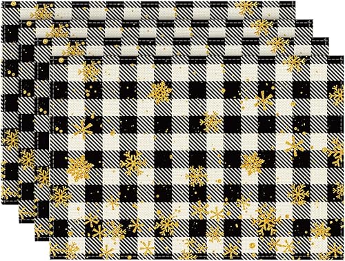 Artoid Mode Juego de 4 manteles individuales de Navidad a cuadros blancos y negros para mesa de comedor, 12 x 18 pulgadas, diseño de copos de nieve