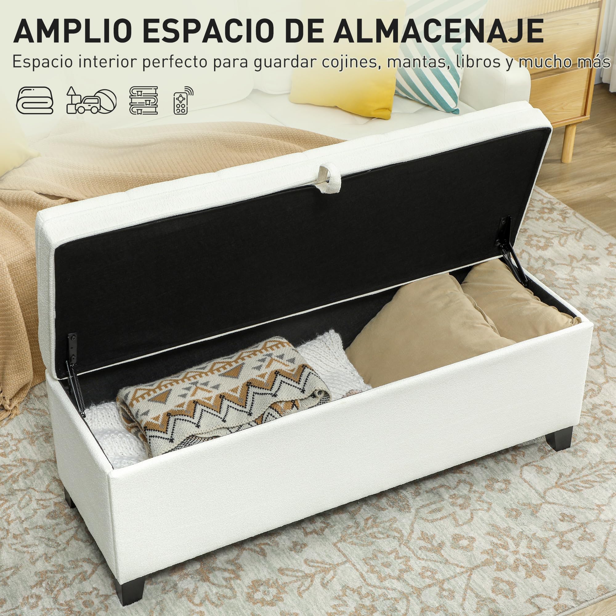 HOMCOM Puff Almacenaje Banco Almacenaje 112L Tapizado en Lino con 2 Bisagras de Seguridad Tapa Abatible y Asiento con Capitoné para Dormitorio Salón Entrada Carga 120 kg 120x40x48 cm Crema