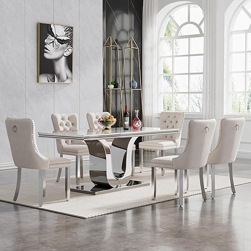 Miniatura 15 de Juego de mesa de comedor de mármol sintético blanco plateado de 70 pulgadas para 4, 5 piezas rectangulares de cocina con base de acero inoxidable en