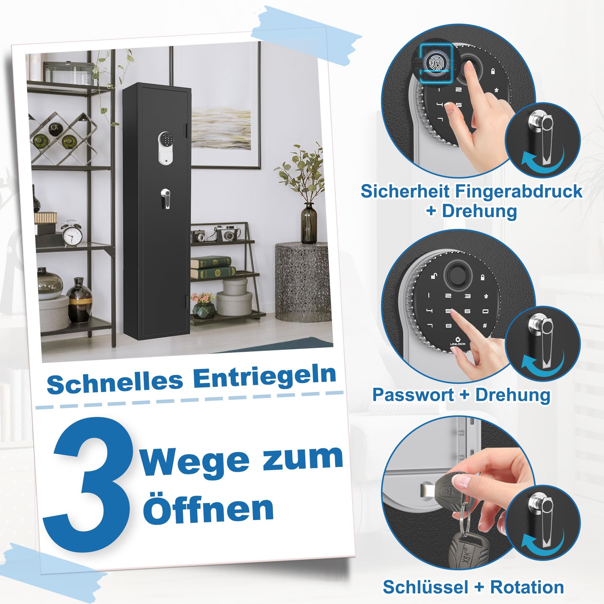 LARS360 Waffenschrank für bis zu 5 Langwaffen, Waffentresor aus Stahl, Langwaffenschränke Munitionsschrank mit Zahlenschloss, Alarmfunktion, LED-Innenlicht, inkl. 2 Notschlüssel und Montagematerial