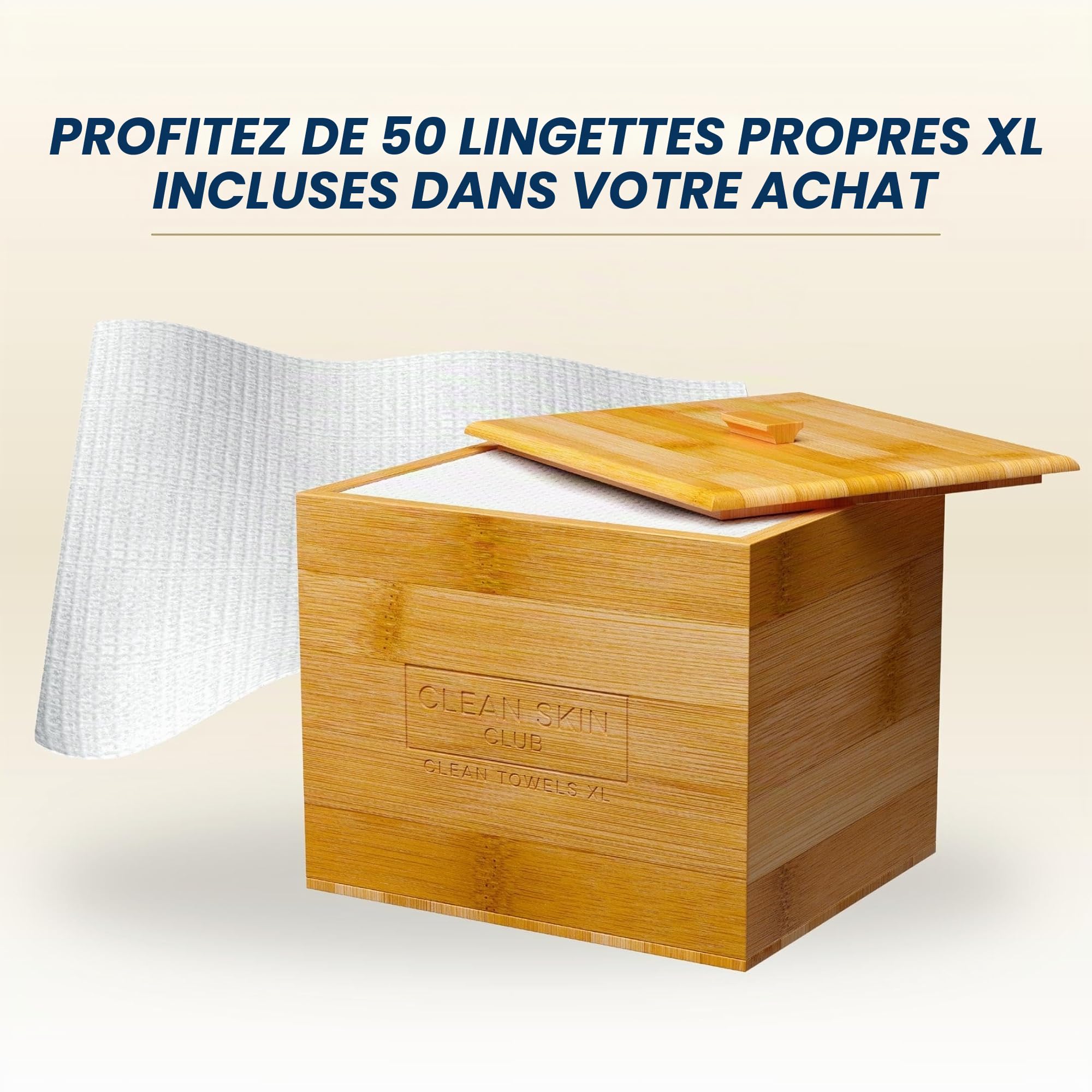 Clean Skin Club Récipient en bambou de luxe avec couvercle, comprend 50 serviettes jetables Clean Towels XL Original