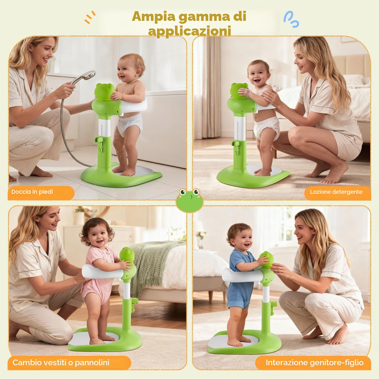 Supporto Doccia Bambini in Piedi, Supporto per Doccia Bambini Regolabile con Sedile e Base Antiscivol, Supporti per Vasca da Bagno per Bambini, Supporti Doccia Bambini dai 6 ai 36 Mesi (Rana)