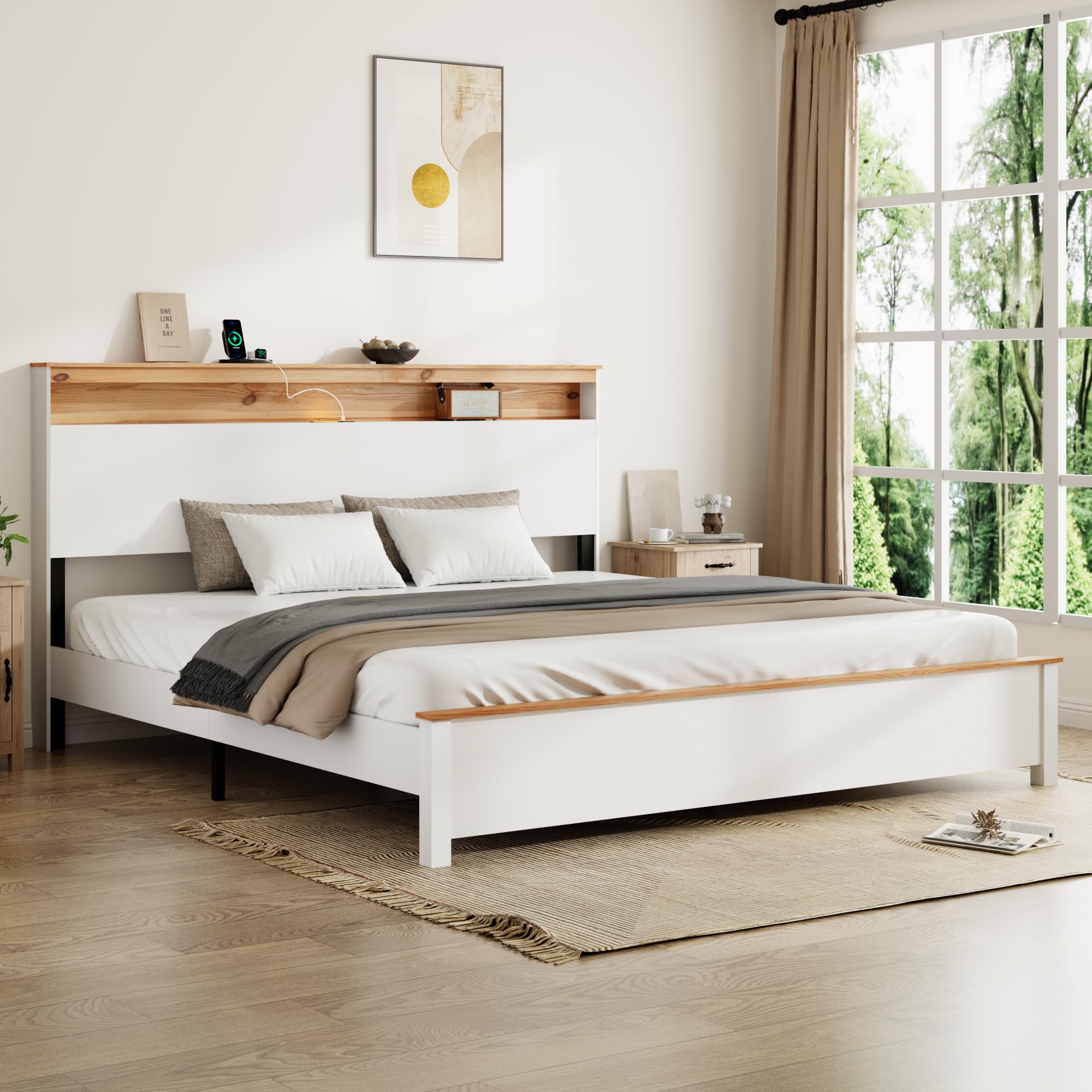 King Size Bed Frame with Charging Station Rustic Wood Frame Platform Bed Frames with Headboard Farmhouse Bedframe with