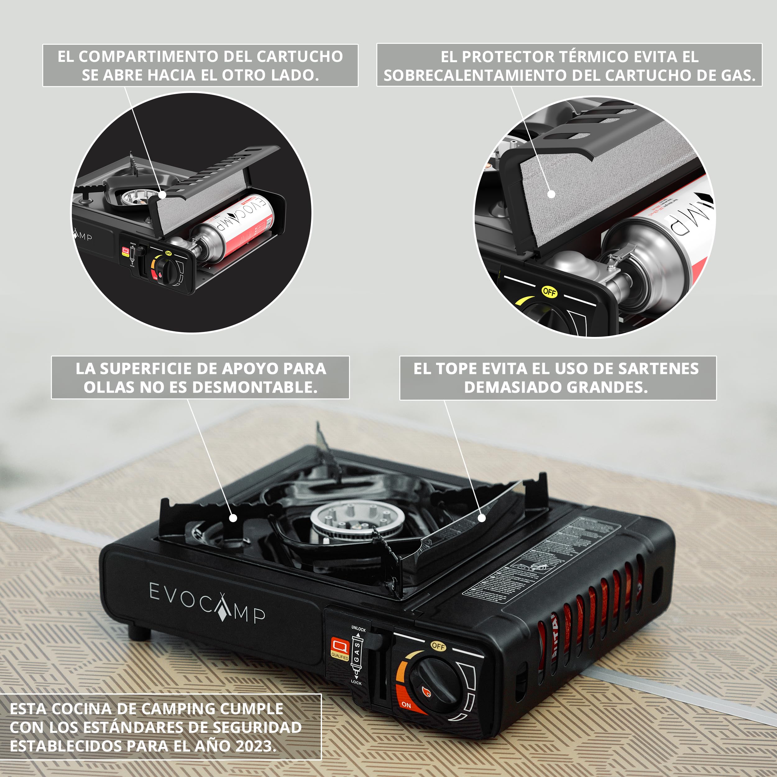EVOCAMP Hornillo de camping con encendido piezoeléctrico, cocina gas portátil para cartuchos de gas MSF-1a 227 gramo con estuche de transporte