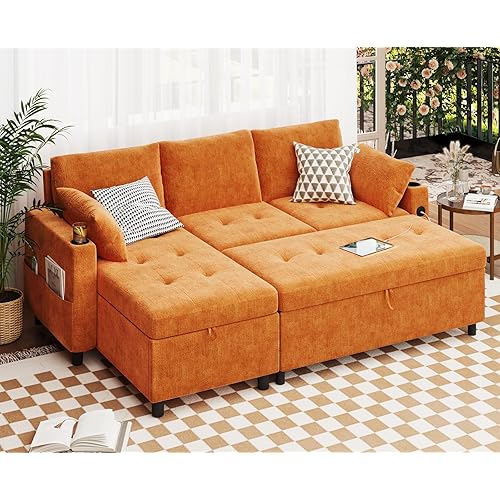 Sleeper Sofa Couch with Pullout Bed, 83.5'' Sofa Bed with Storage Chaise, Pull Out Couch with USB Charging Ports&Cup Holders, L-Shaped Convertible Couches for Living Room-Chenille, Orange