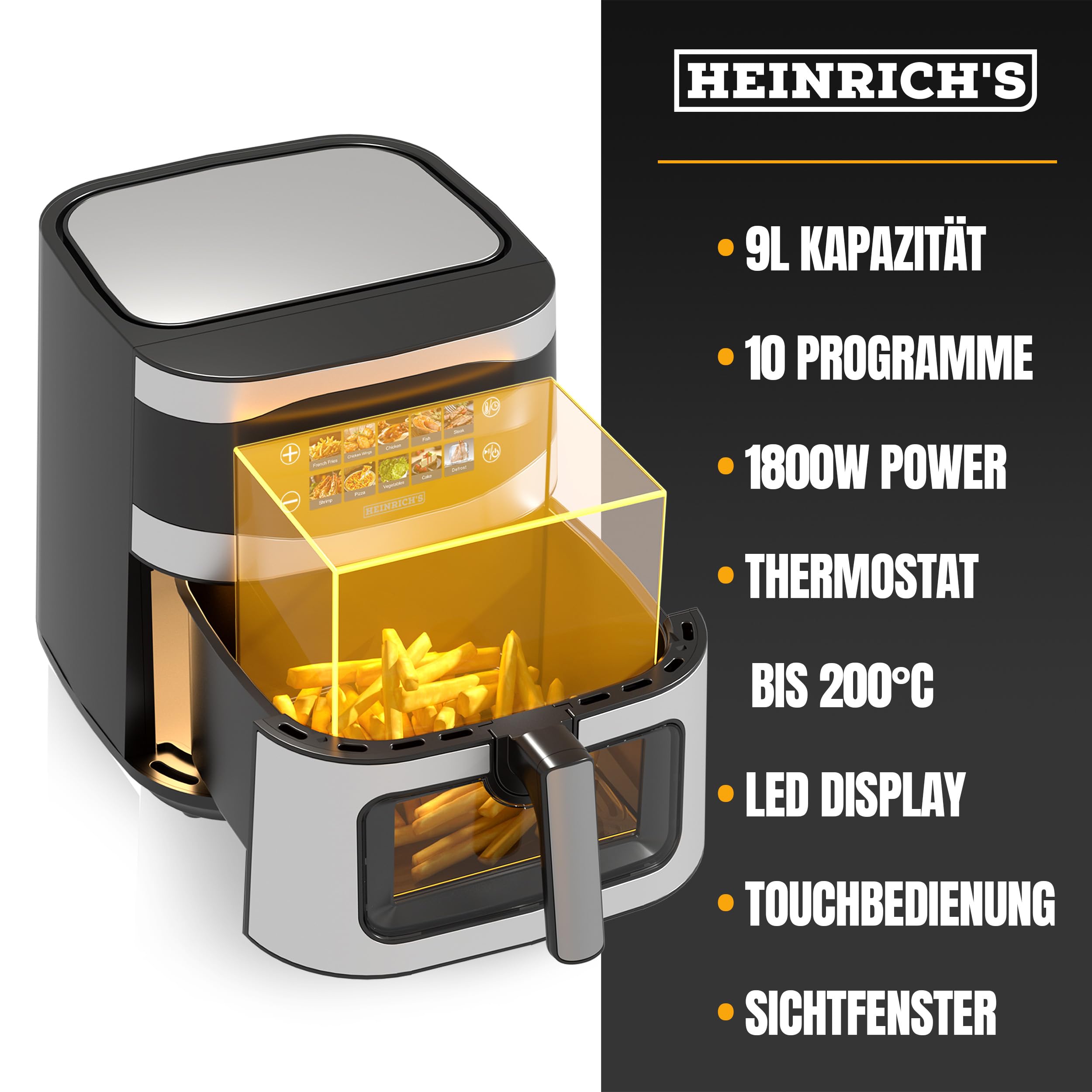 HEINRICHS Heißluftfritteuse, 9 Liter XXL Air Fryer, 10in1 Heißluftfritteuse, LED-Display mit Sensor-Touch Bedienung, fettfreie Zubereitung, inkl. Timer, platzsparend, spülmaschinenfester Korb, 1800W