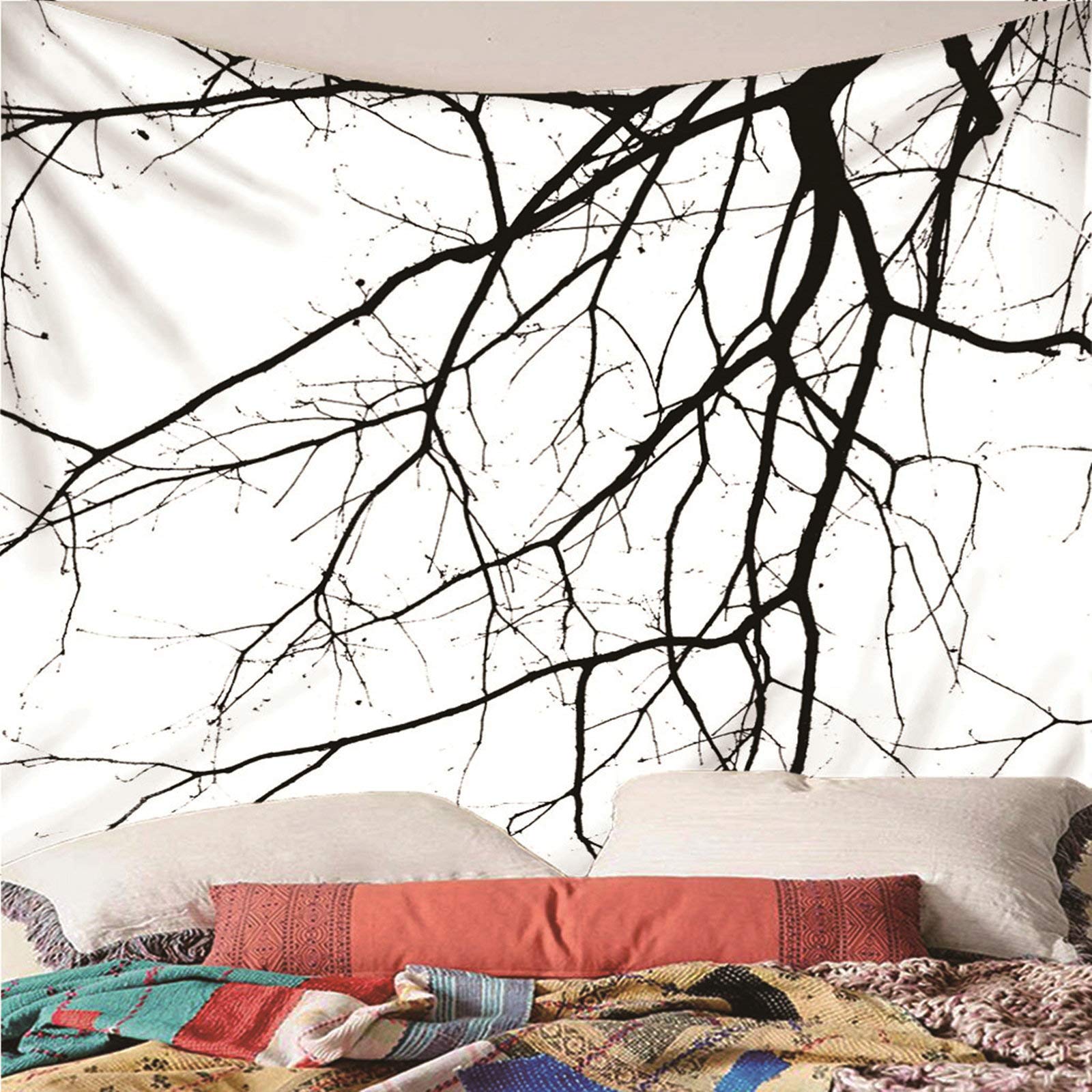 Tapiz 3D Tela Suelo De Habitación Patrón Ramas Tema Minimalismo Blanco Negro Hippie Infantil para Decoración Sala Estar del Dormitorio 260X240Cm