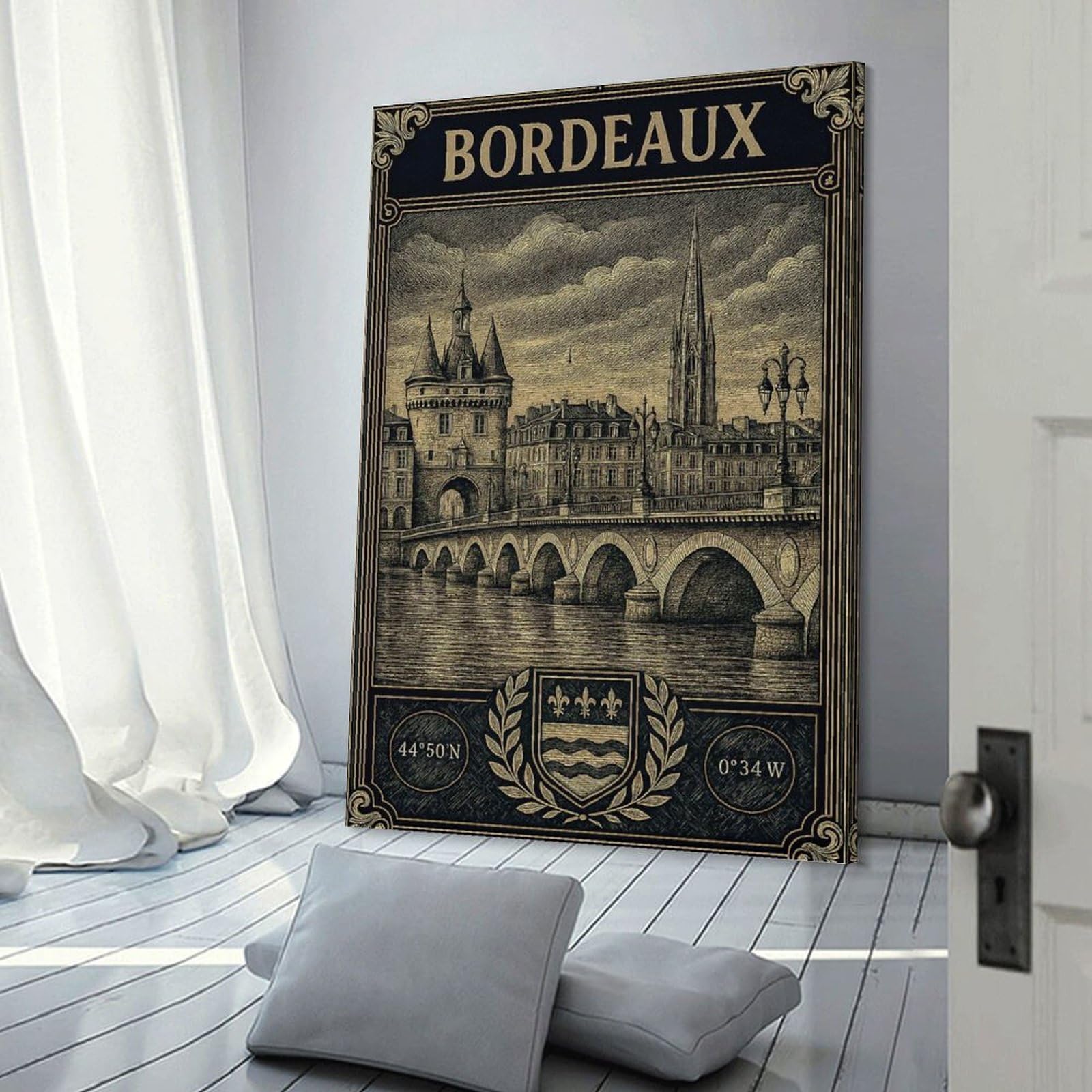 Junmoney Bordeaux Cityscape Vintage Travel Canvas Wall Art, 24x36inch(60x90cm), for Bedroom Decor, Cosy Corners Or Studios, Stylish Decor for A Restful Room Update