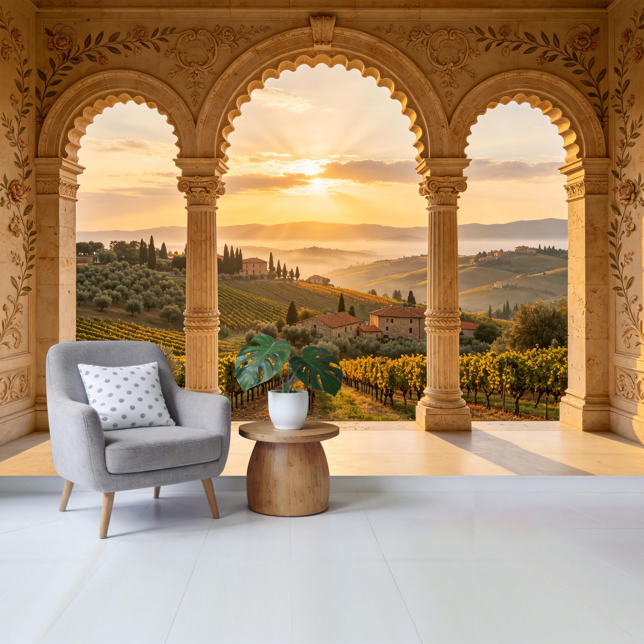 Removable Self Adhesive Fabric Mural， Tuscan Sunset Vineyard Arch Custom Size Wall Covering， UV Protected Waterproof Washable Wall Decor for Living Room Bedroom Bathroom