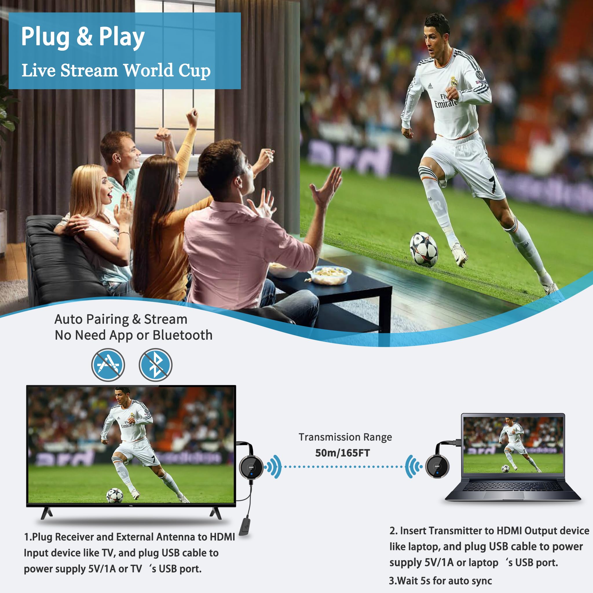 HDMI sans Fil Émetteur et Récepteur 5.8G/Décodage 4K | Wireless Transmitter Receiver de Laptop/TV Box/Caméra/USBC/PC au Télévision/Projecteur/Moniteur