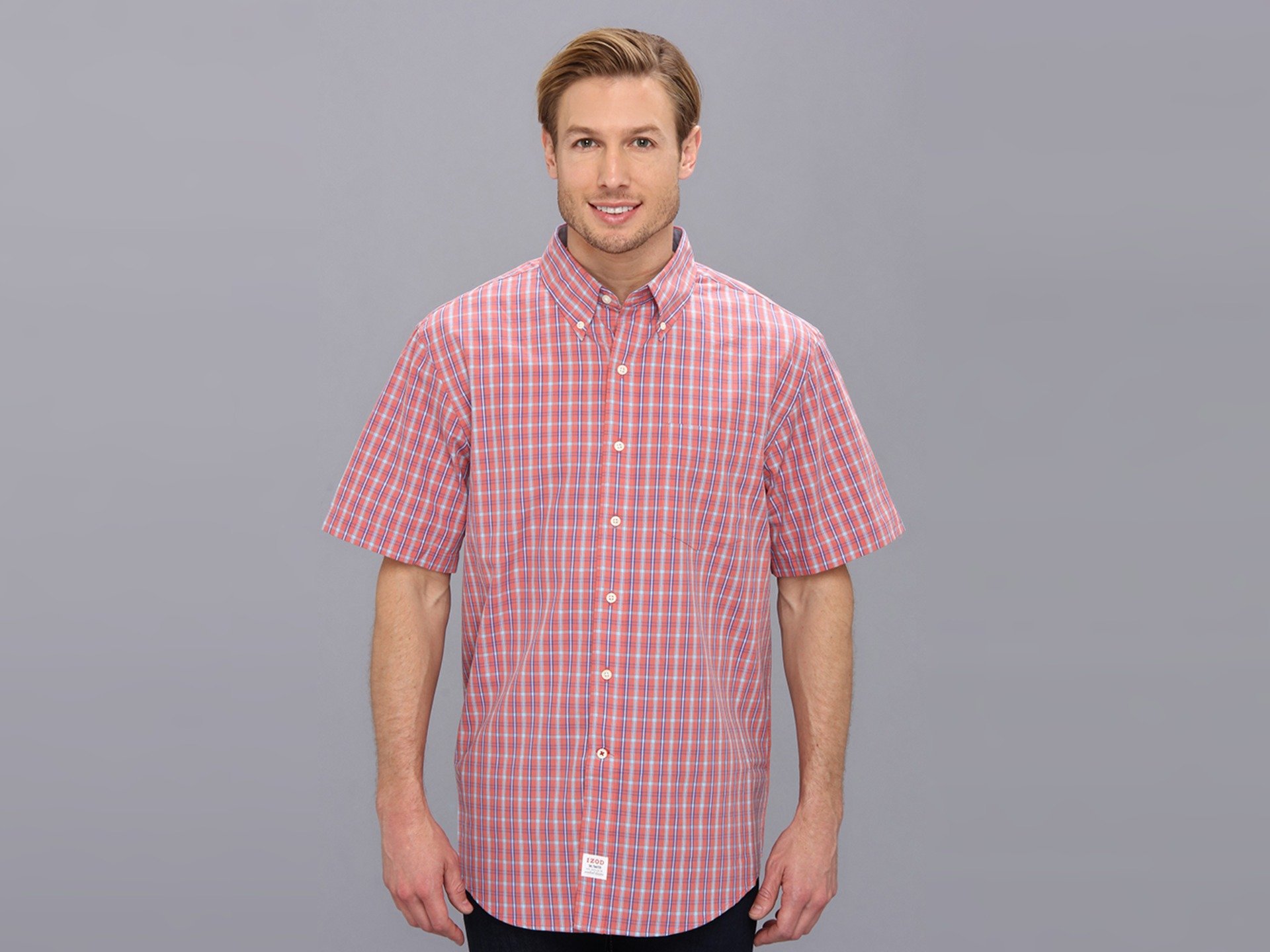 IZOD Men's Short Sleeve Camp Izod Saltwater Plaid Button-down