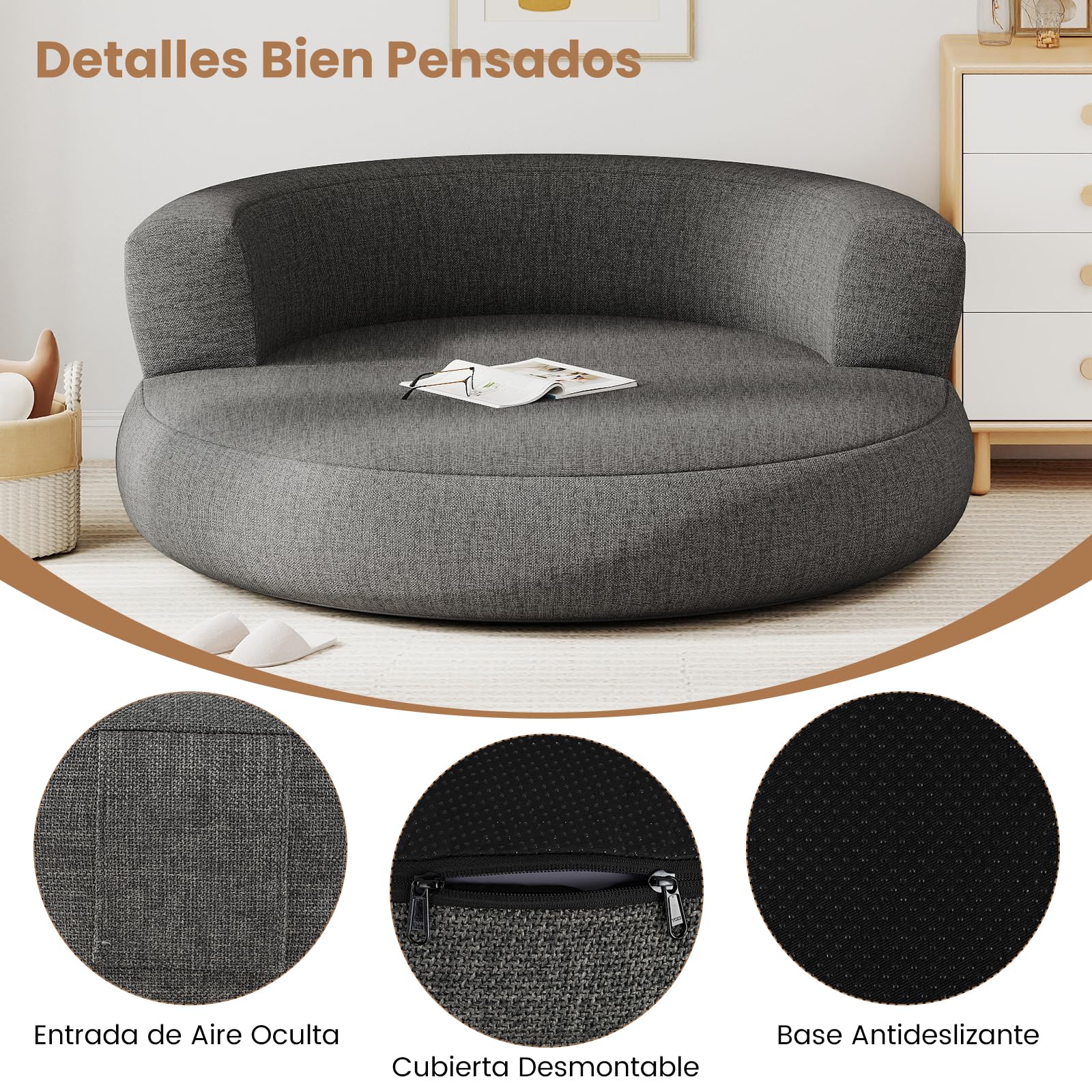 COSTWAY Sofá Hinchable XL, 160 x 164 x 61,5 cm, Sofá Cama Redonda Inflable con Funda Desmontable, Zona Espaciosa y Reposabrazos Amplios, Sillón Hinchable para Salón, Dormitorio, Oficina (Gris)