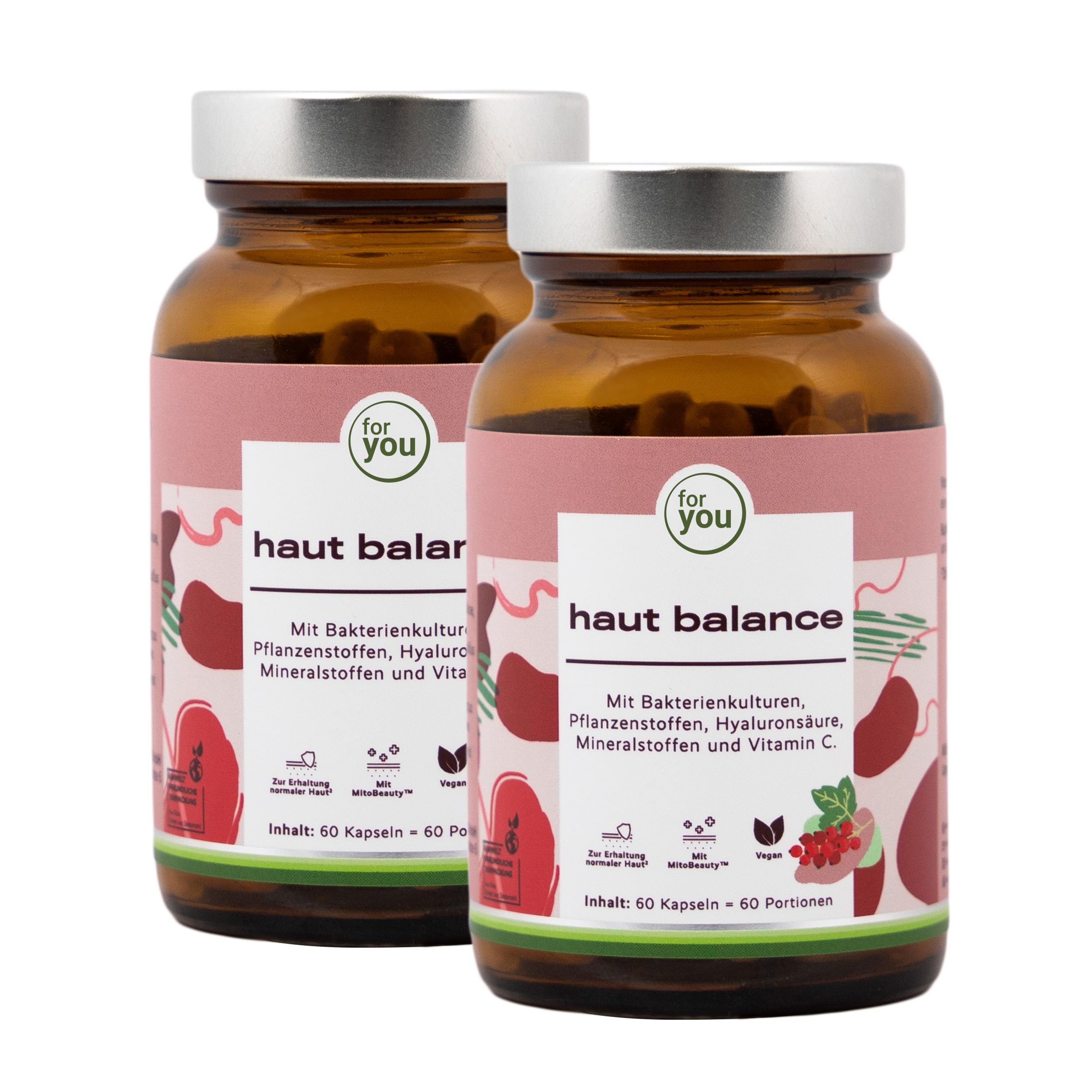 for you haut balance – 120 Kapseln mit MitoBeauty®, Hyaluronsäure, Pflanzenstoffen, Mineralstoffen und Vitamin C – mit Kupfer und Zink – vegan