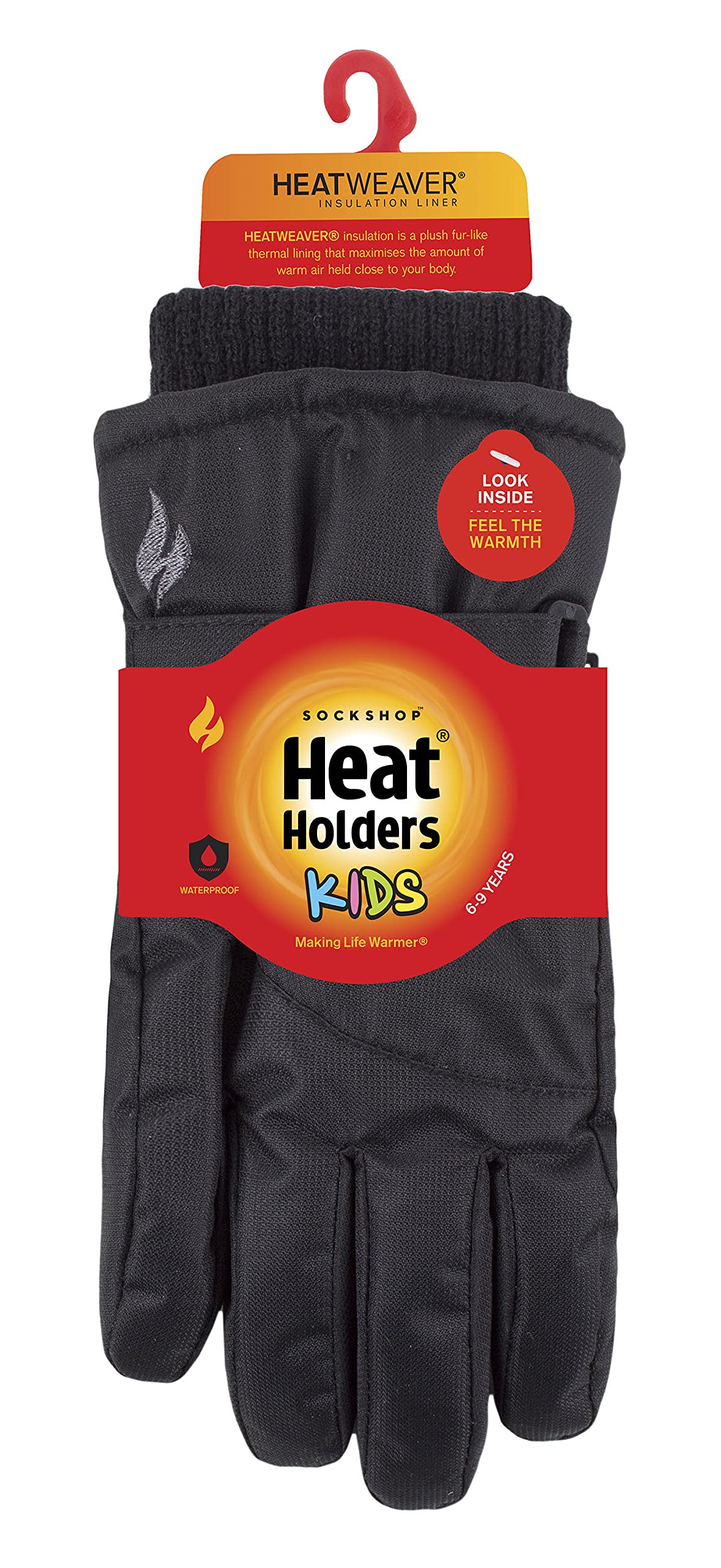 HEAT HOLDERS - Kids Insulated Outdoor Waterproof Snow Ski Gloves for Winter (6-9 Years, Black)