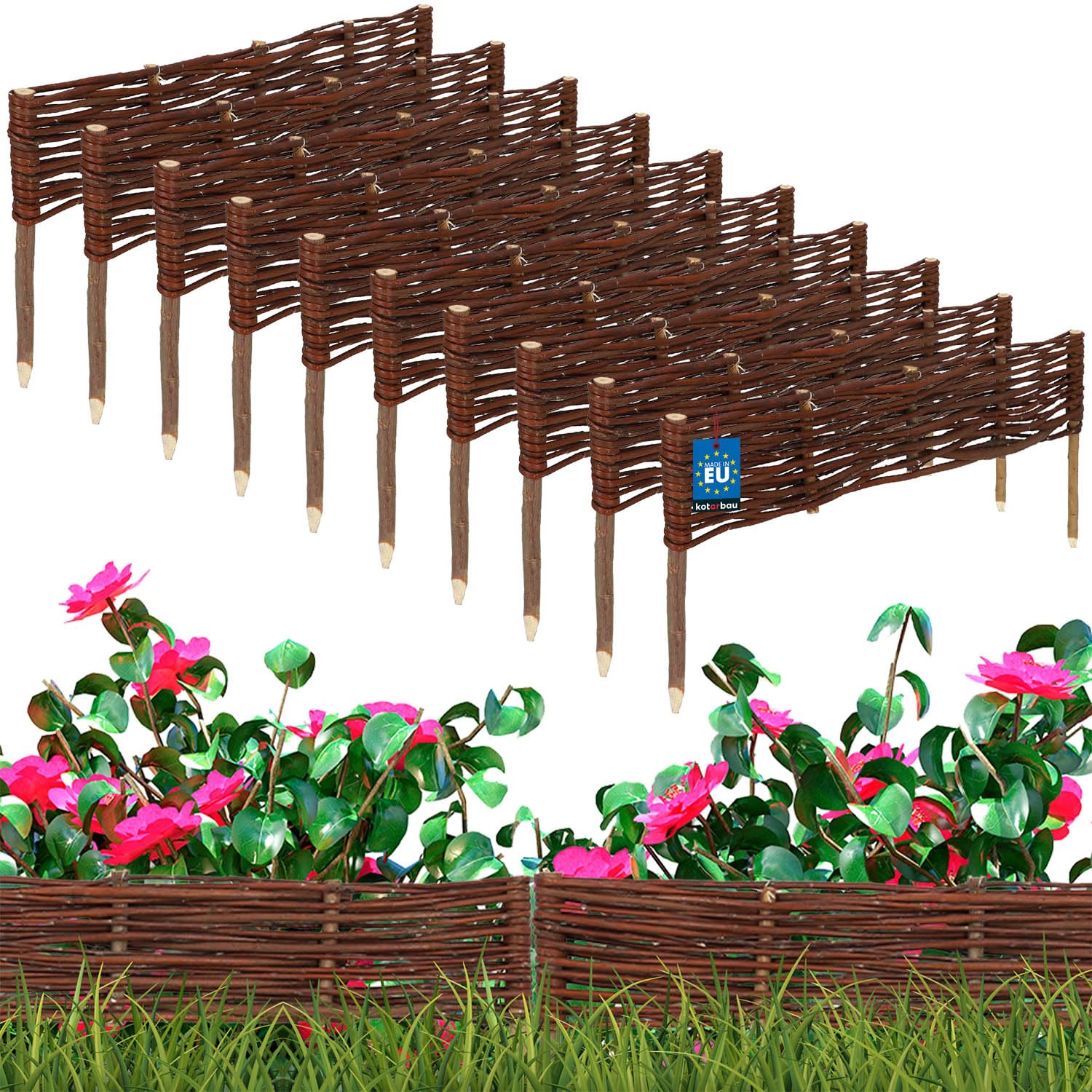 KOTARBAU® 10 pcs Lawn Edging - Garden Edging - Wicker Fence - 60 x 10 cm (23.62 x 4 inches) - Brown - Wooden Fencing - Decorative Fence for Flower and Herb