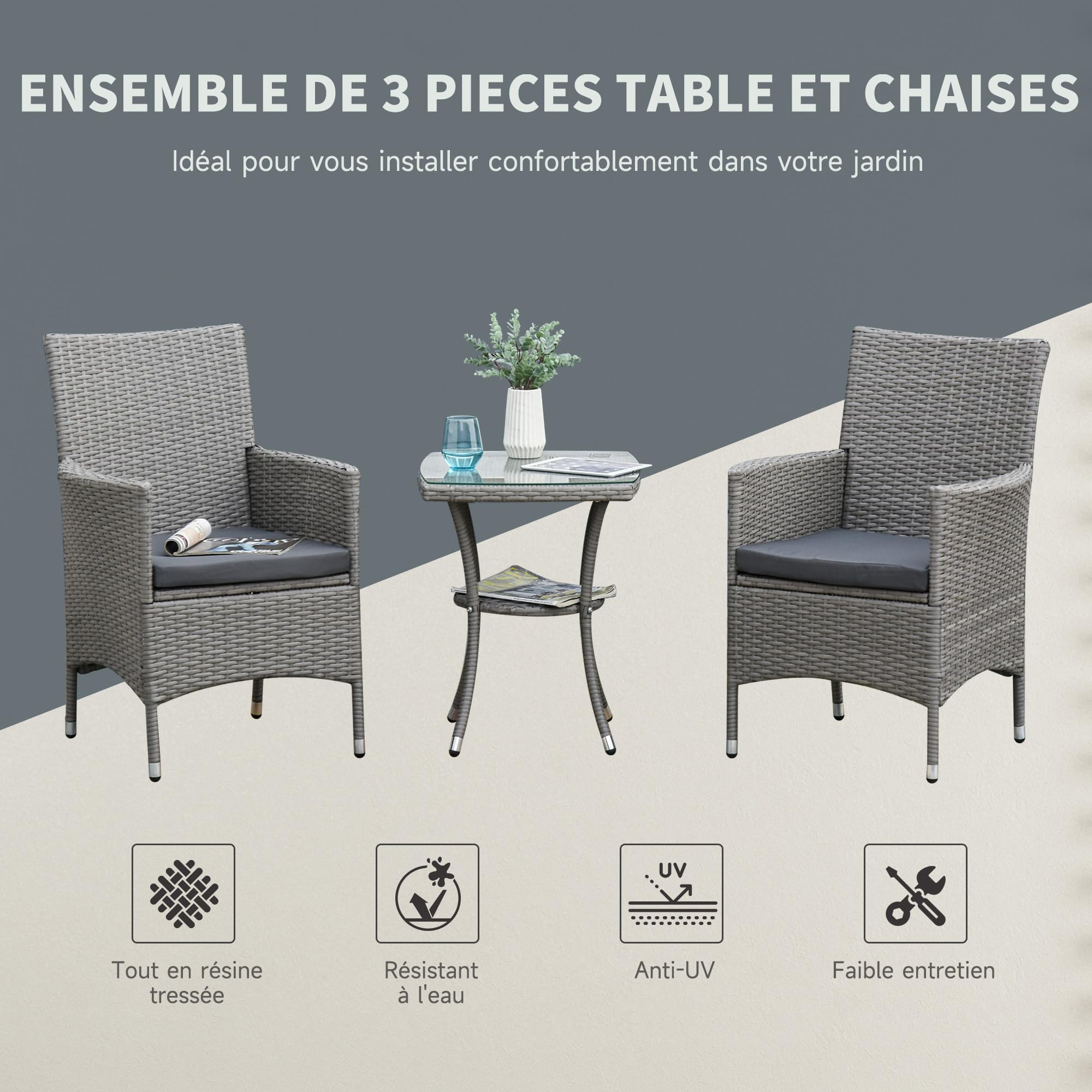 Outsunny Ensemble Salon de Jardin 2 Places 2 Fauteuils Table Basse Gris