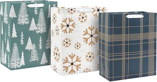 Miniatura 6 de Hallmark Paquete de bolsas grandes de 13 pulgadas (4 bolsas blancas copos de nieve dorados, cuadros dorados) para bodas de invierno, graduaciones,