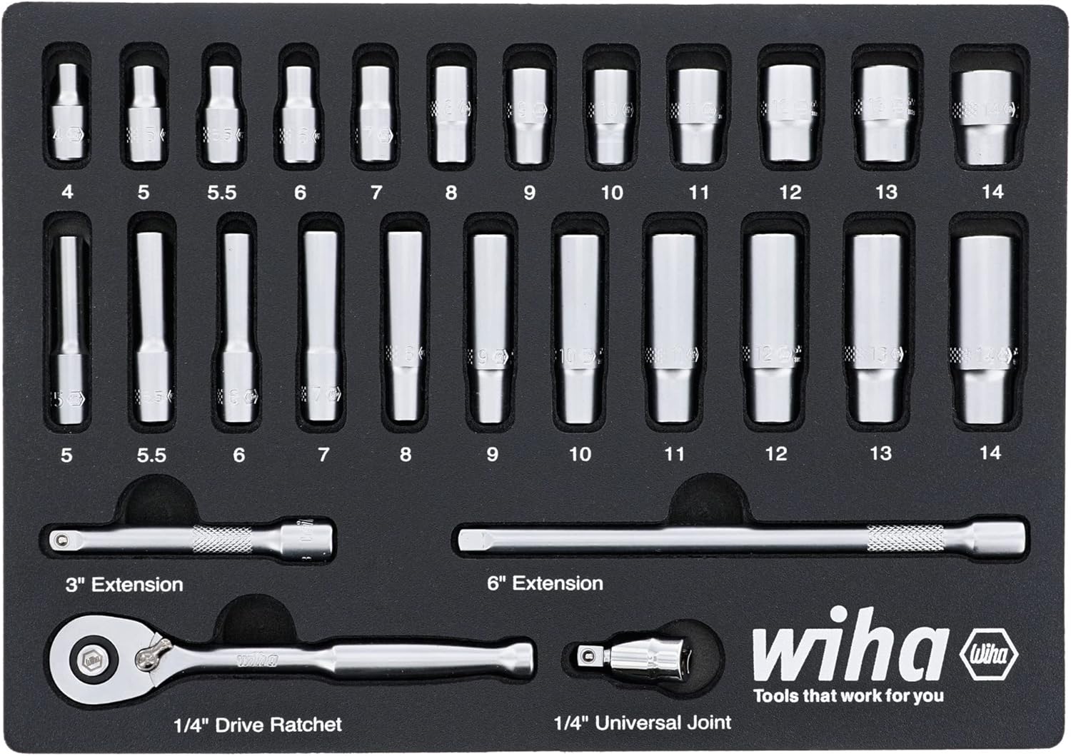 Wiha 33395 1/4" Drive Socket Set – 27-Piece Standard & Deep Metric Sockets with Ratchet, Extensions, and Universal Joint