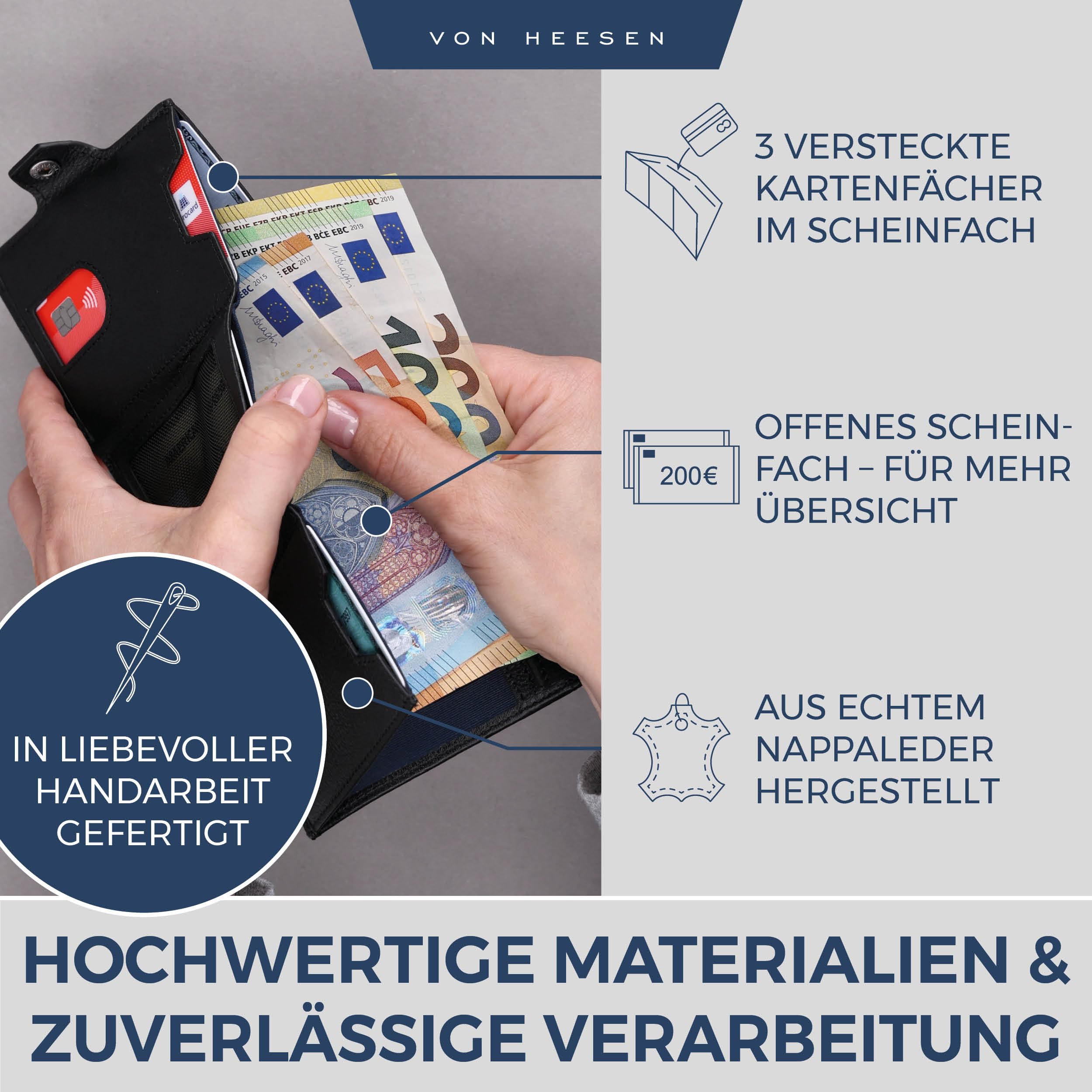 VON HEESEN Slim Wallet mit XL Münzfach & RFID-Schutz - Mini Geldbörse Herren & Damen - Kartenetui Kreditkartenetui - Portmonee Geldbeutel Portemonnaie klein Schwarz