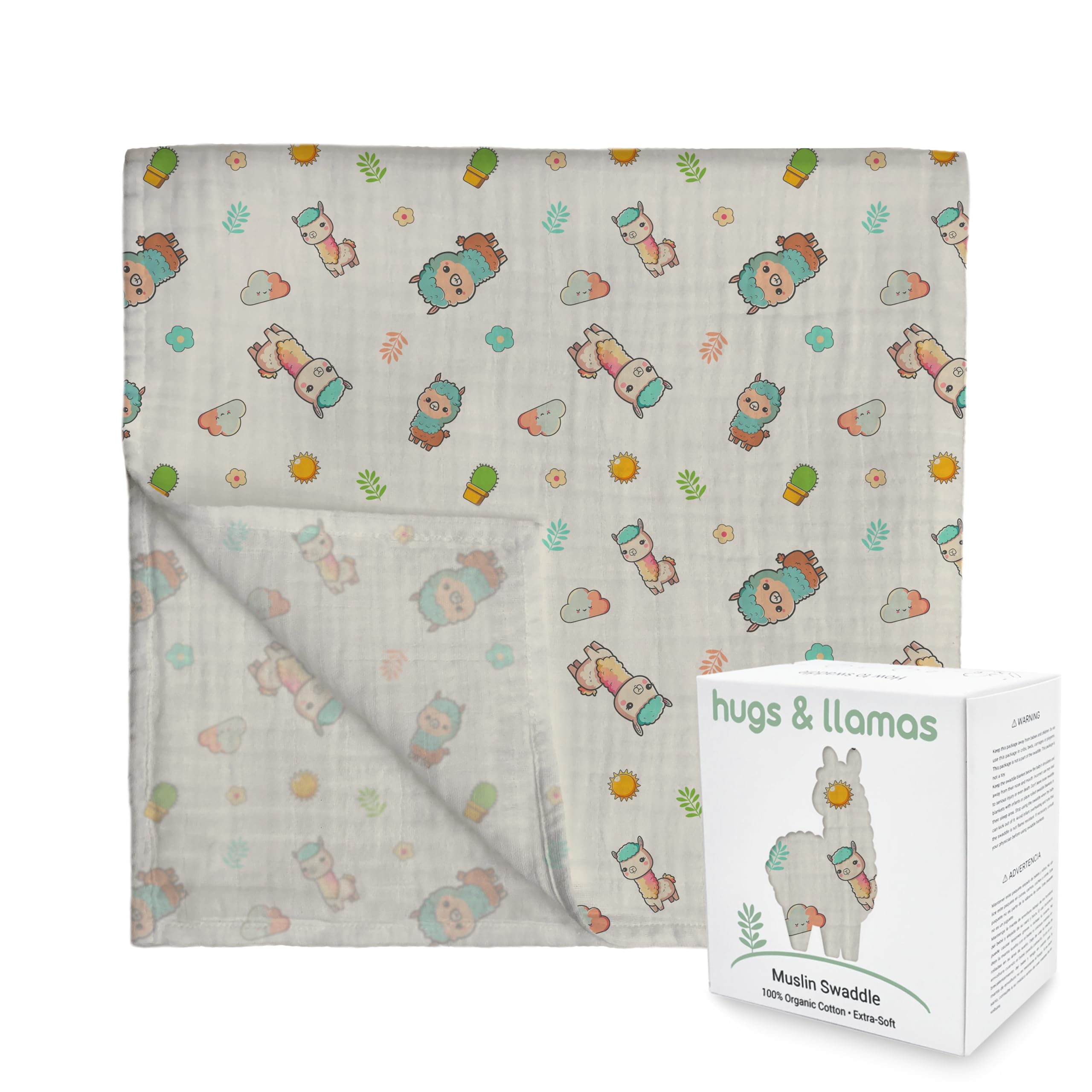 hugs & llamas Mantas de muselina de algodón 100 % orgánico, manta unisex para envolver, extra suave, para recién nacidos y bebés, lavable a máquina, 47 x 47 pulgadas (llama cariñosa)