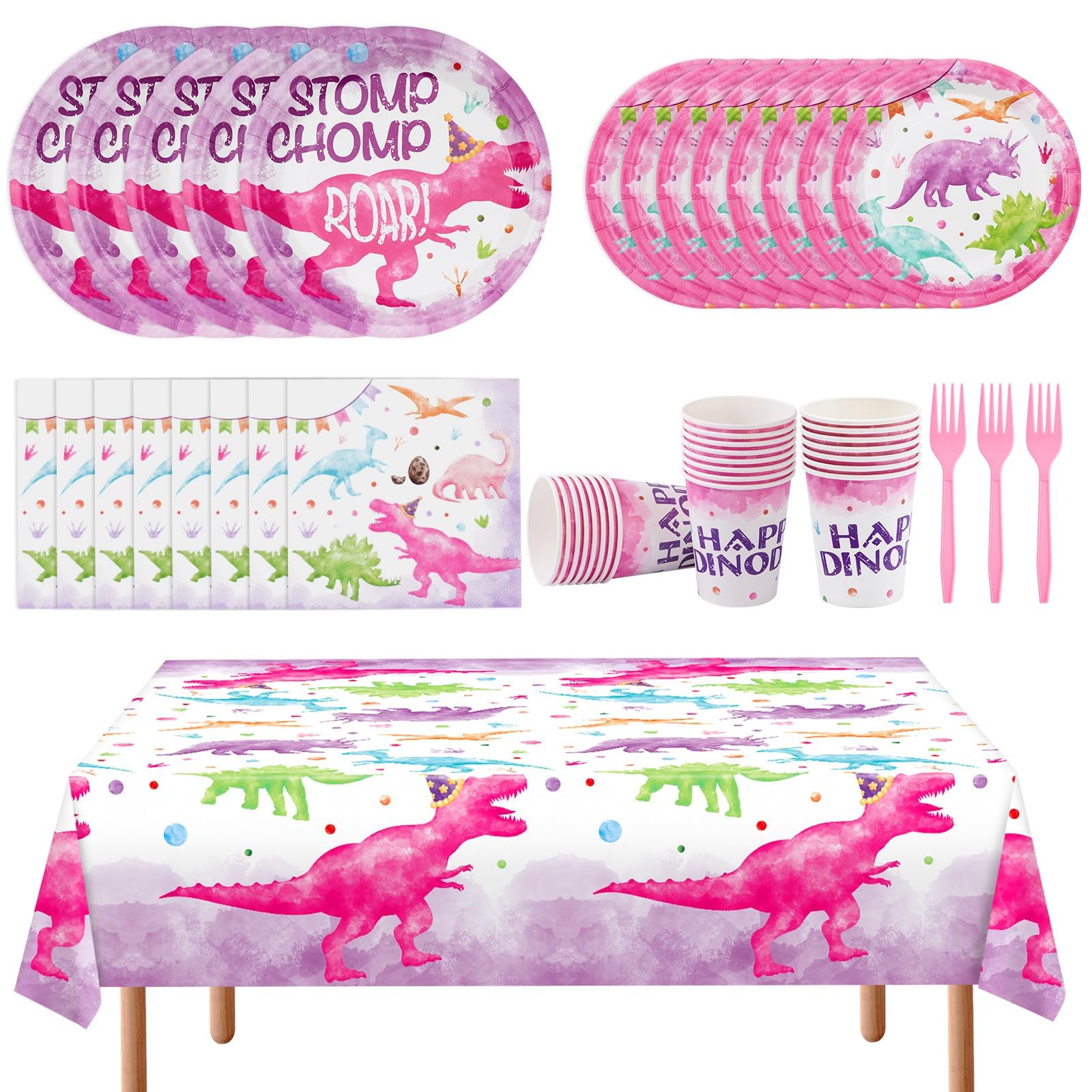 WERNNSAI Girl Dinosaur Party Decorations - 114 PCS Pink Dinosaur Birthday Decorations Dino Plates Cups Napkins Tablecloth Knives Forks Spoons Tableware Set for Kids Serves 16 Guests