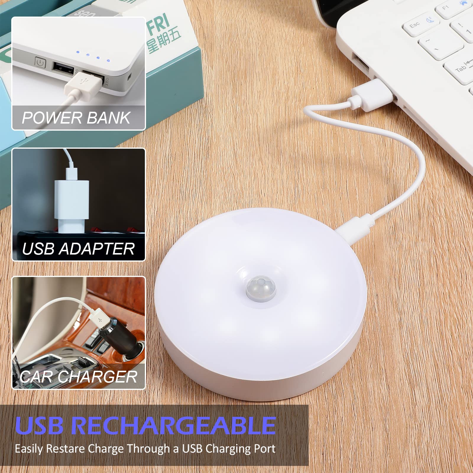 Hortsun 16 Pcs LED Rechargeable Motion Sensor Lights Powered USB Smart Stair Closet Night Lights for Indoor