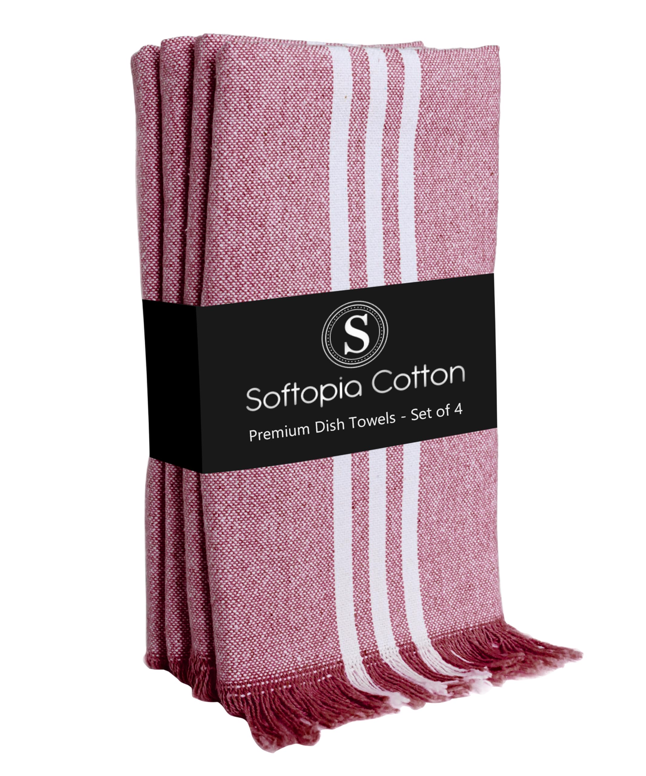 Prewashed Stripe Dish Towels 4 Pack, 16x26 Inches, Absorbent Hand Towels for Kitchen Use, Quick Dry Cloths for Cleaning, Durable Washable Rags, Reusable Dishcloth Set - Burgundy Wine